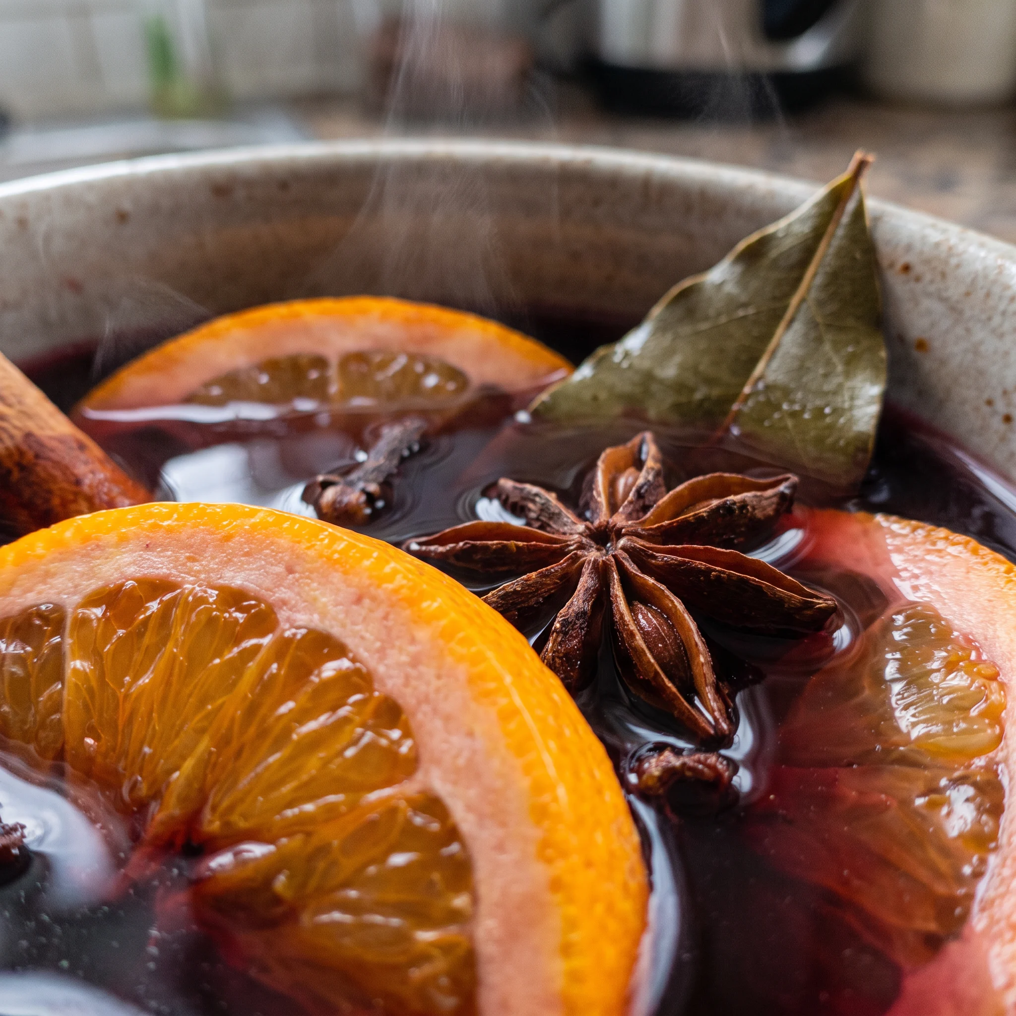 Dark red mulled wine with a floating cinnamon stick, star anise pods, cloves, and clementine slices.