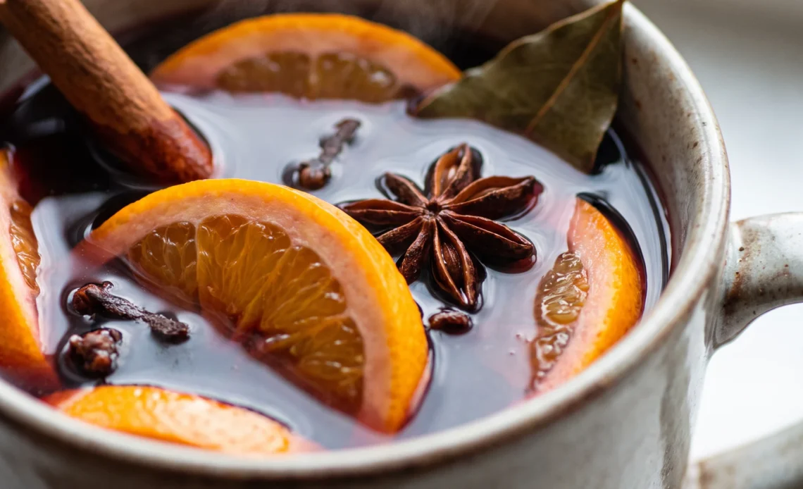 Red wine mulled with amaretto, clementine slices, cinnamon stick, star anise, and cloves in a dark spiced liquid.