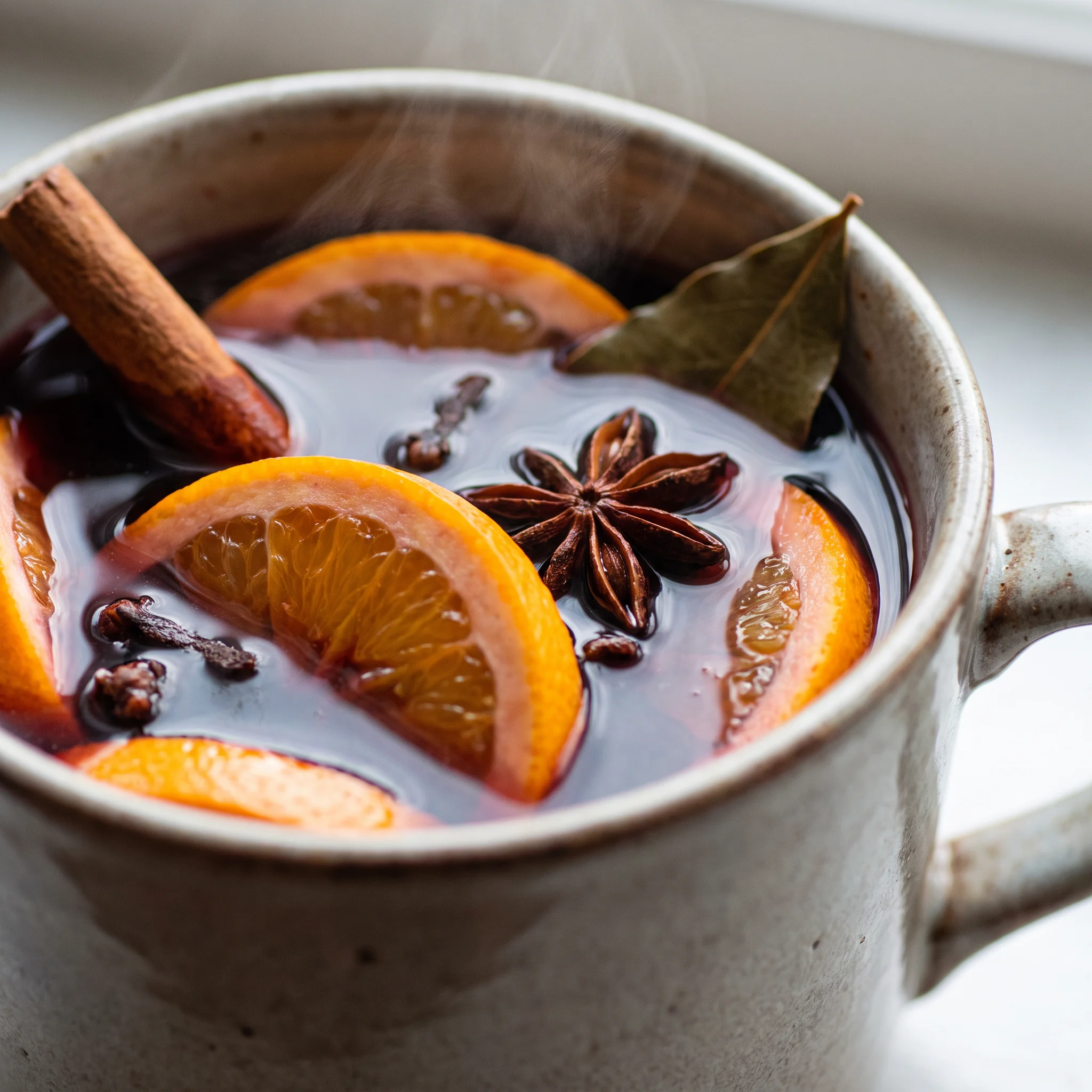 Red wine mulled with amaretto, clementine slices, cinnamon stick, star anise, and cloves in a dark spiced liquid.