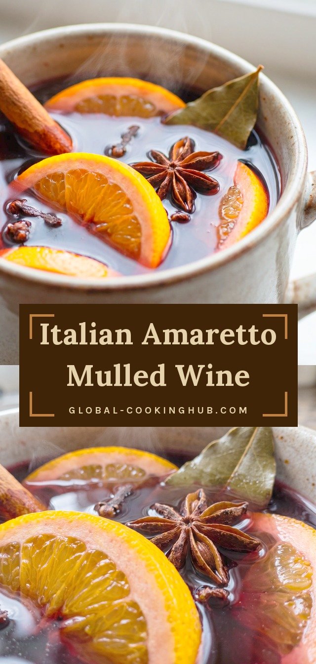 Red wine with amaretto liqueur, halved clementines, cinnamon stick, star anise, and cloves in dark liquid.