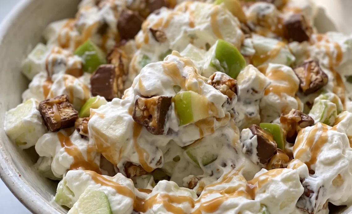 Apple Snickers Salad with green apple chunks, Snickers pieces, whipped topping, and caramel sauce.