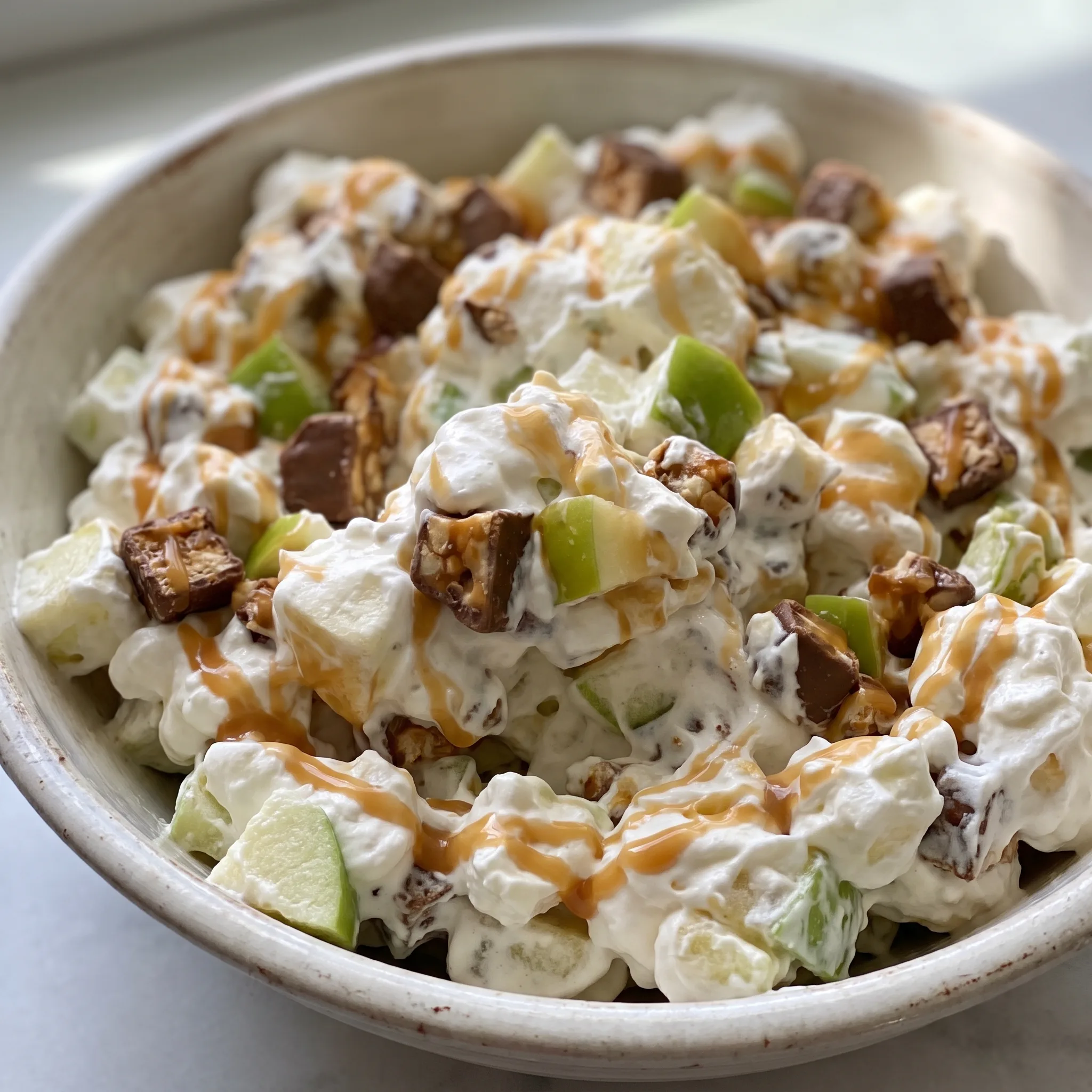 Apple Snickers Salad with green apple chunks, Snickers pieces, whipped topping, and caramel sauce.