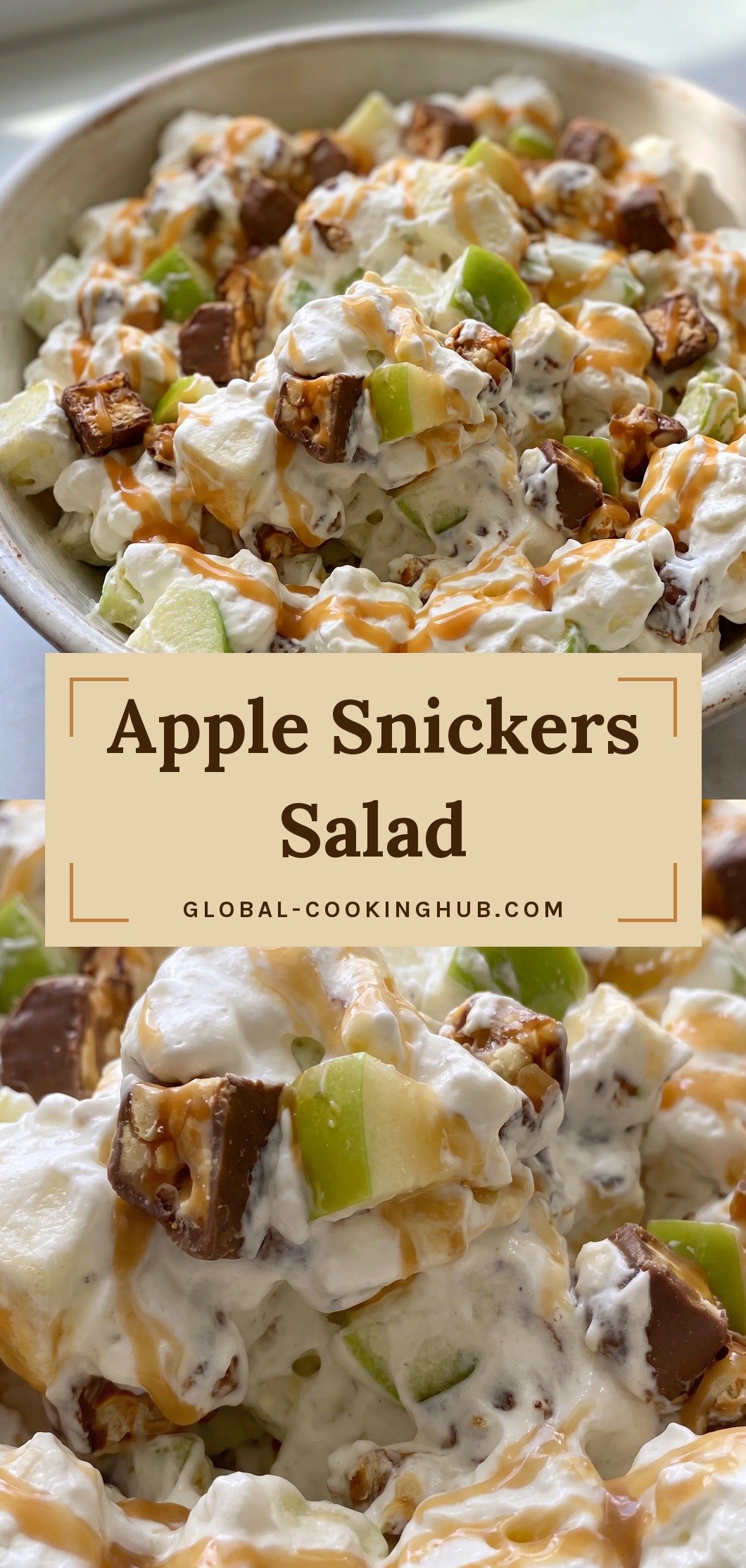 Chunks of green apples and Snickers pieces coated in white whipped topping, drizzled with caramel sauce.