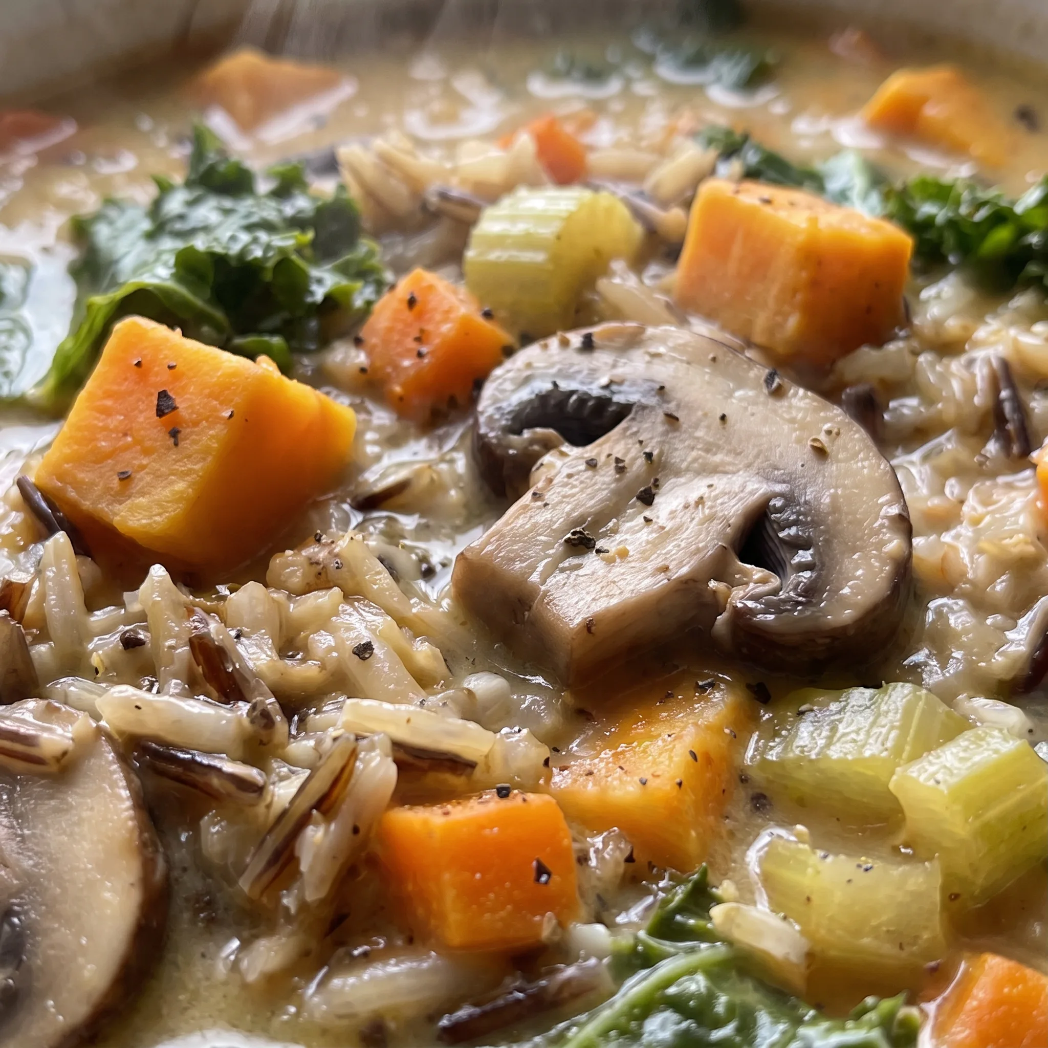 Tender sweet potato cubes and curly kale leaves in a thick, creamy coconut milk broth with wild rice and mushrooms.