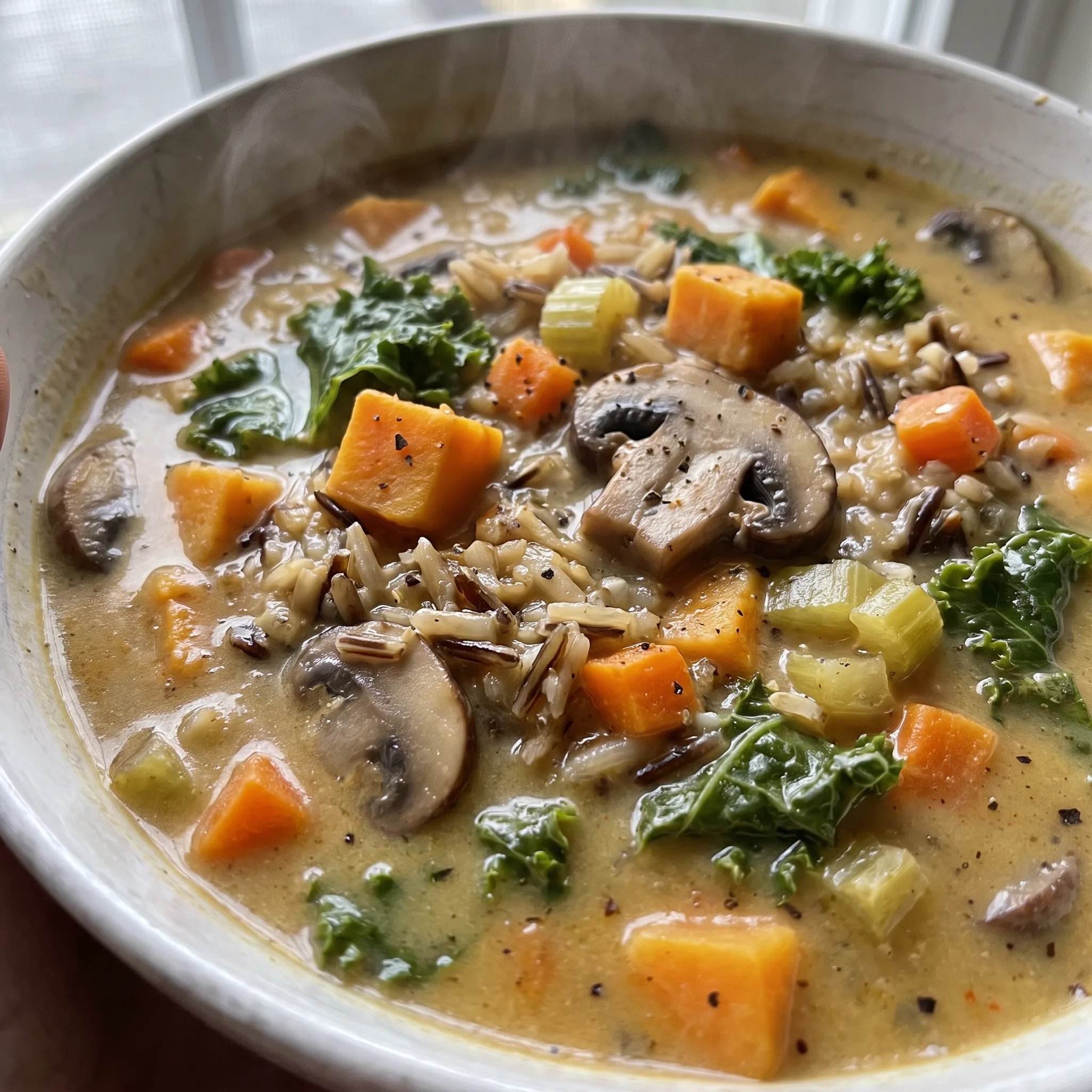 Cozy autumn wild rice soup with wild rice, sliced mushrooms, sweet potato cubes, and kale in a creamy coconut milk broth.