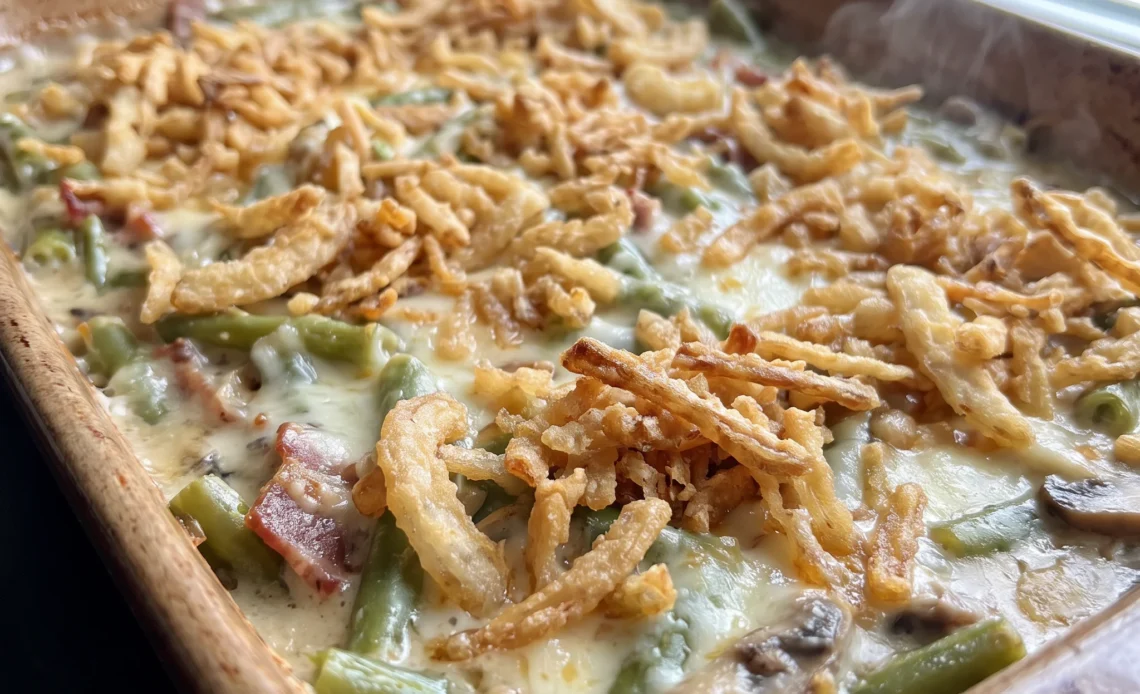 Green bean casserole with green beans, bacon, mushrooms, Monterey Jack and French fried onions.
