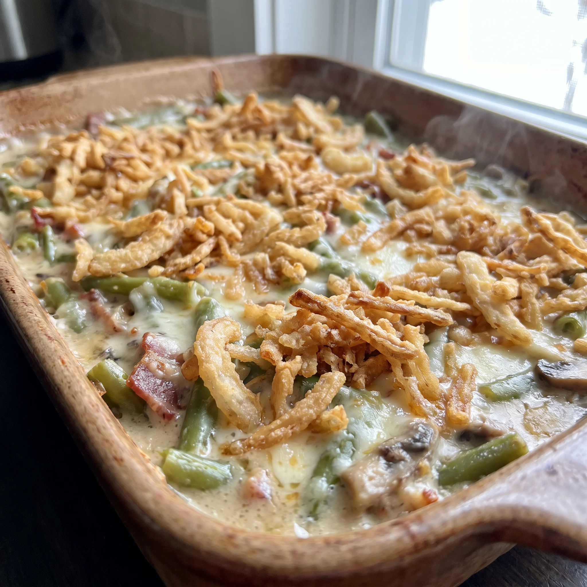 Green bean casserole with green beans, bacon, mushrooms, Monterey Jack and French fried onions.