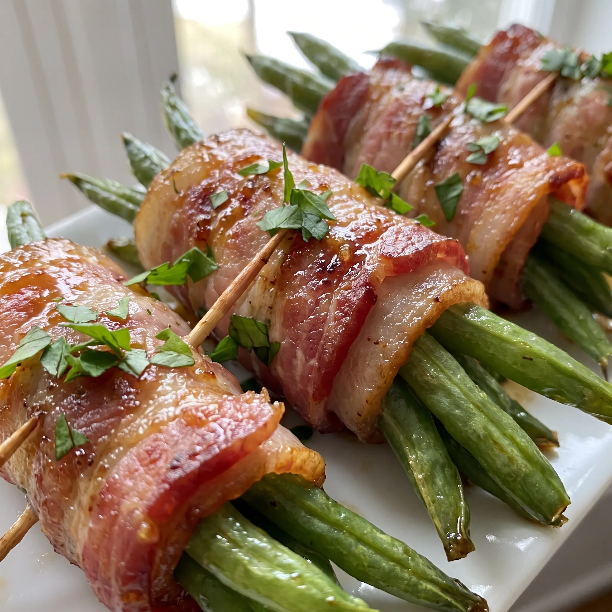 Tender green beans held in a spiral of browned bacon, showing a crisp, slightly wrinkled texture.