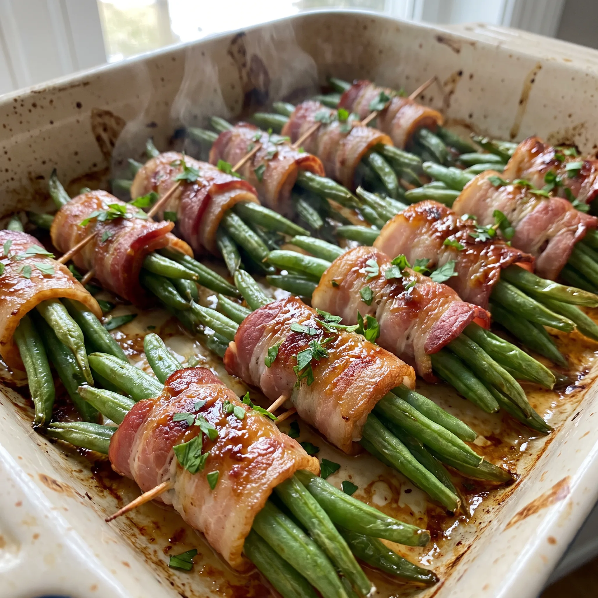 Green bean bundles wrapped in strips of cooked bacon, arranged together with crisp edges and glossy surfaces.