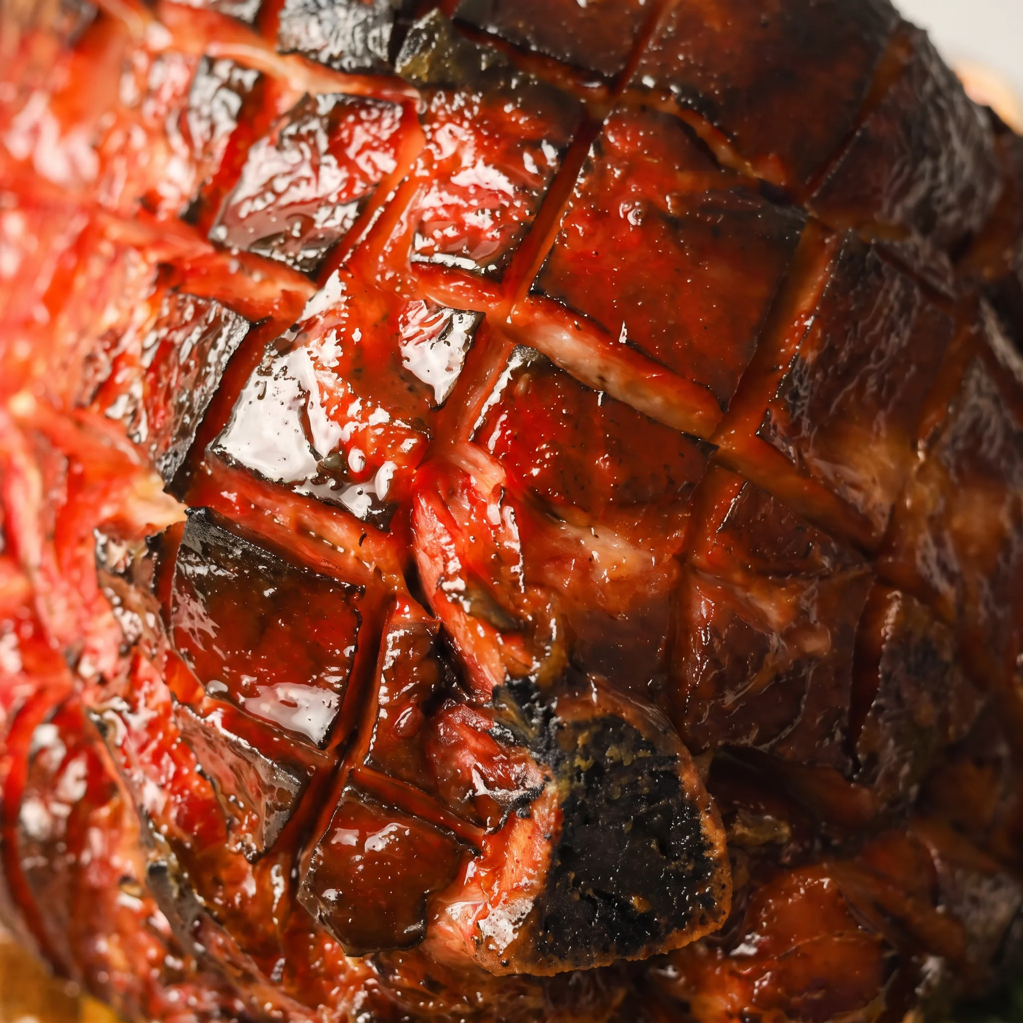 Sticky caramelized ham surface with a deep amber honey glaze, crisp edges, and a moist, tender interior.