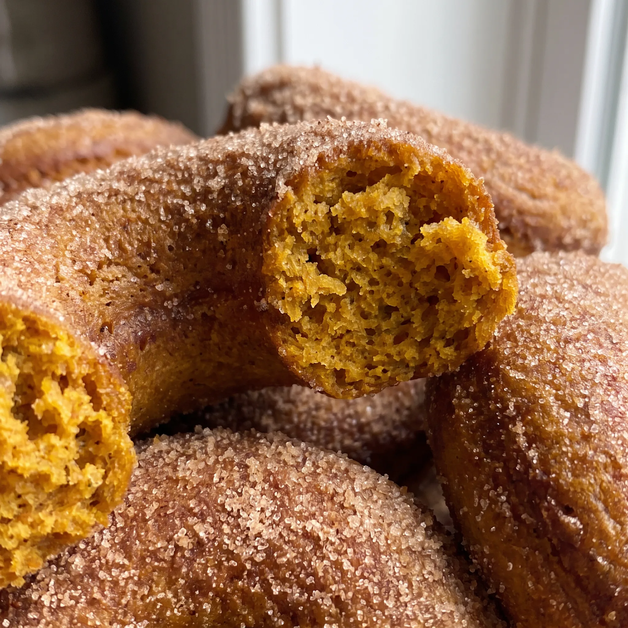 Cinnamon sugar crystals sparkling on a golden-orange pumpkin donut, with a moist, tender interior visible.