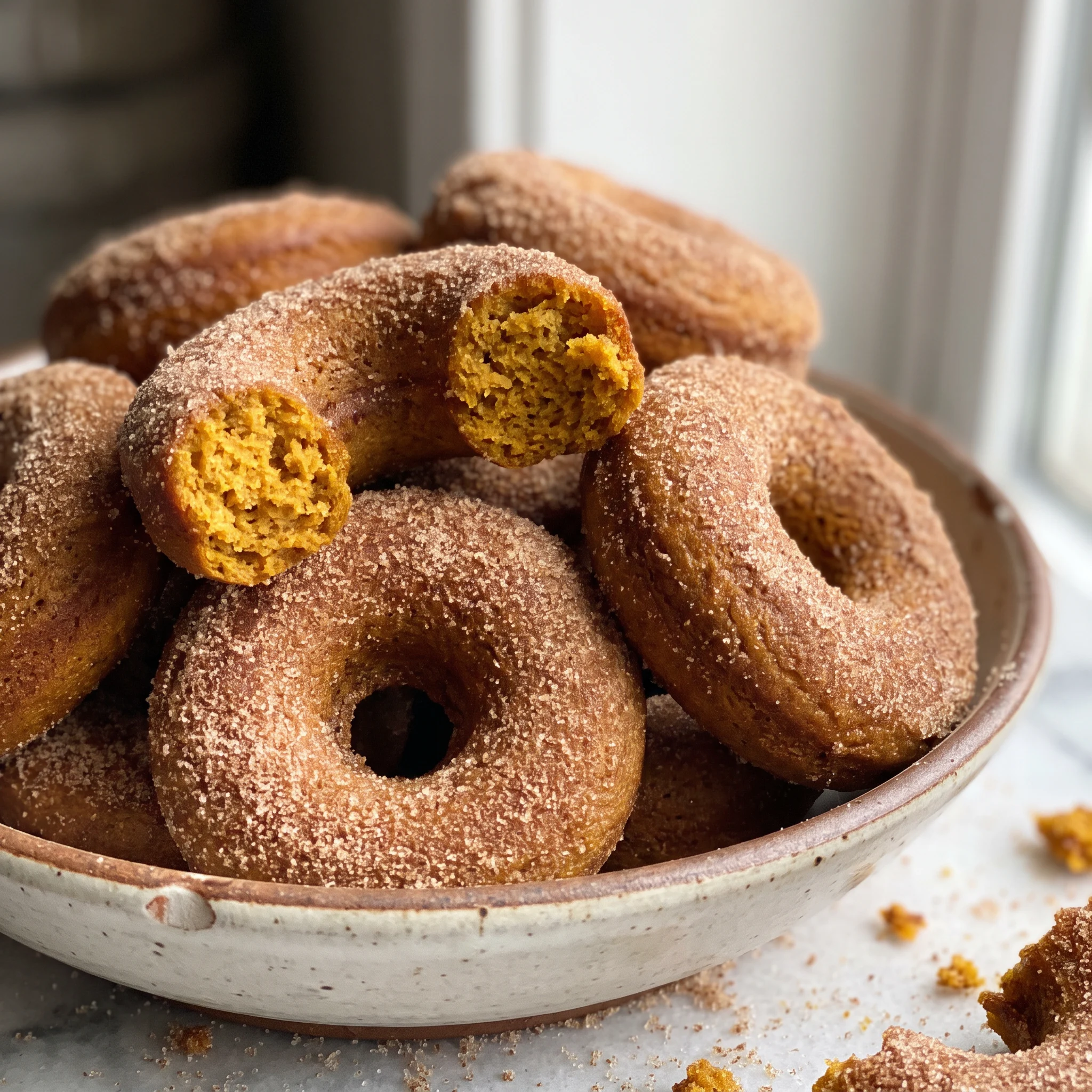 Baked pumpkin spice donuts with orange-brown tops coated in cinnamon sugar, showing a soft cake crumb.
