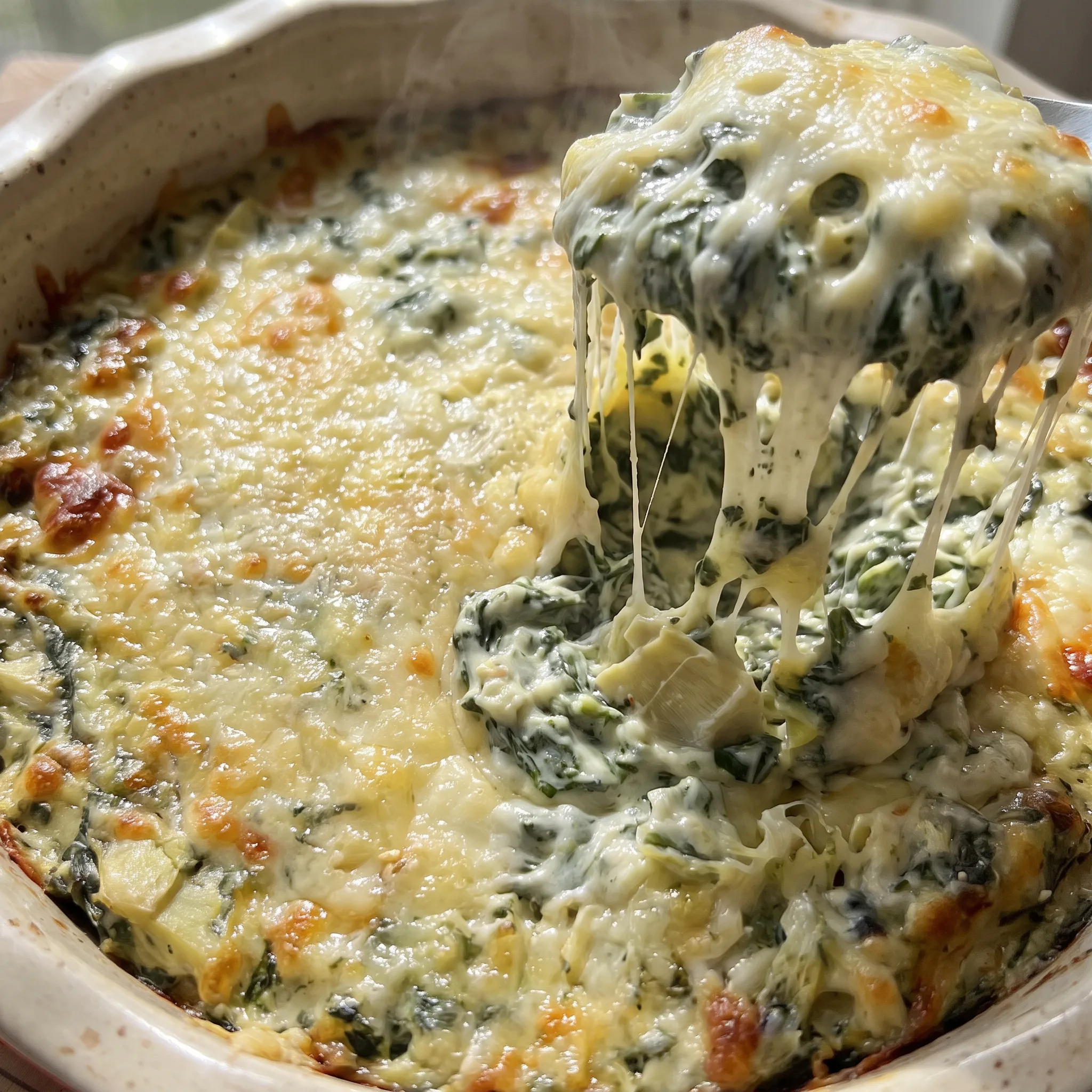 Baked spinach artichoke dip with melted mozzarella, Gruyère and Parmesan over creamy spinach and artichoke hearts.