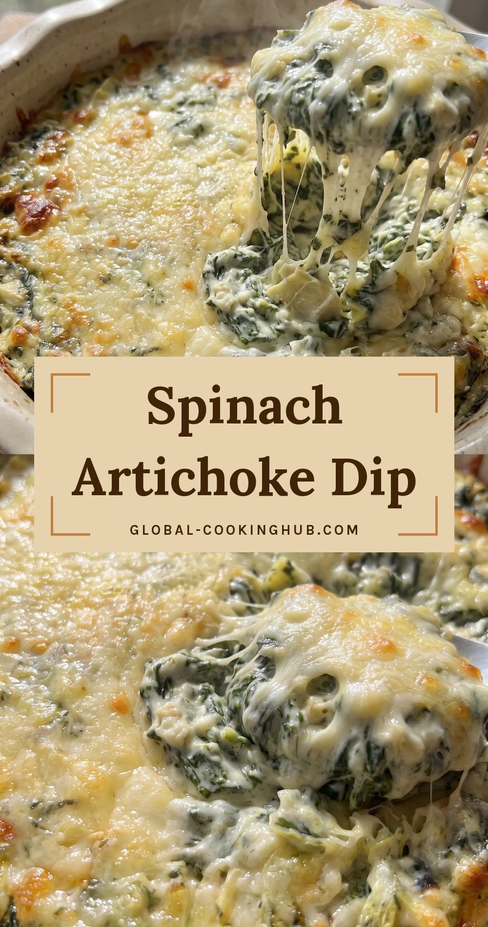 Golden melted mozzarella, Gruyère, and Parmesan over creamy spinach and chopped artichoke hearts, with browned bubbly edges.