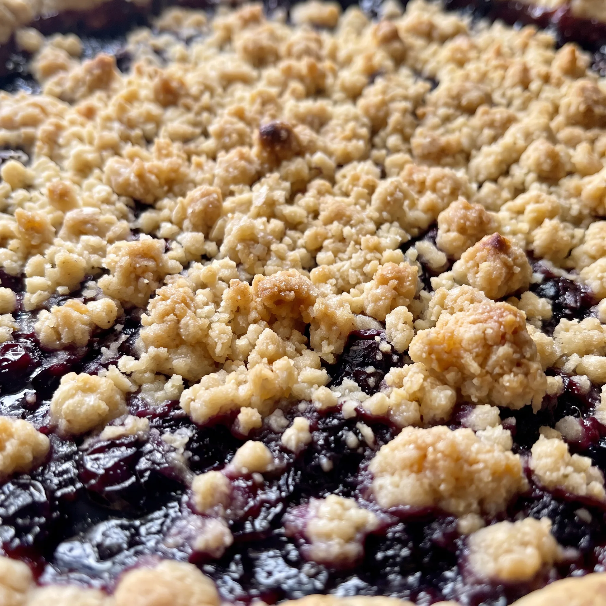Juicy blueberries under a crisp, golden oat crumble with a flaky pie crust edge.