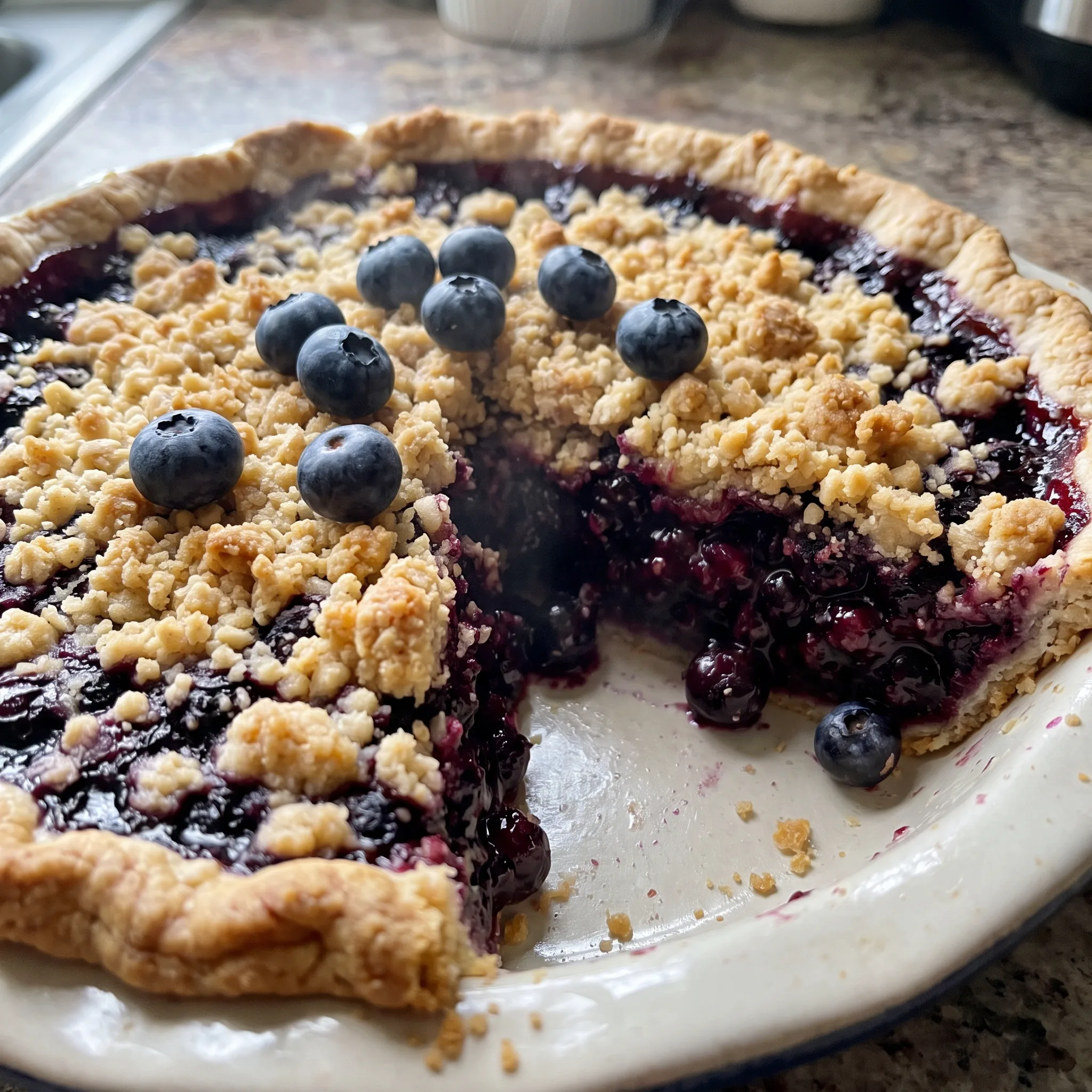 Blueberry crumble pie with a golden crust, dark blue filling, and a bumpy oat topping.