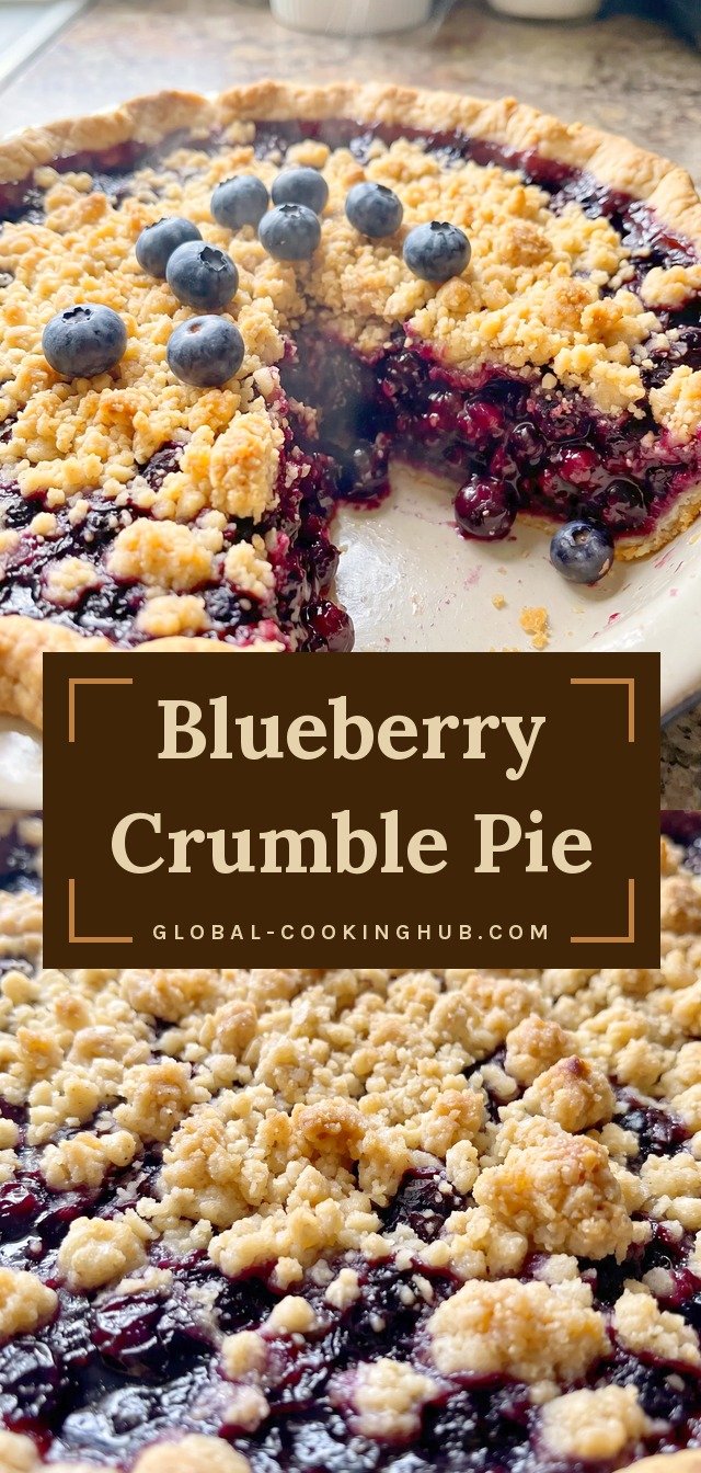 Golden oat crumble topping over dark blue blueberries in a flaky pie crust, with jammy berry filling visible between clumps.