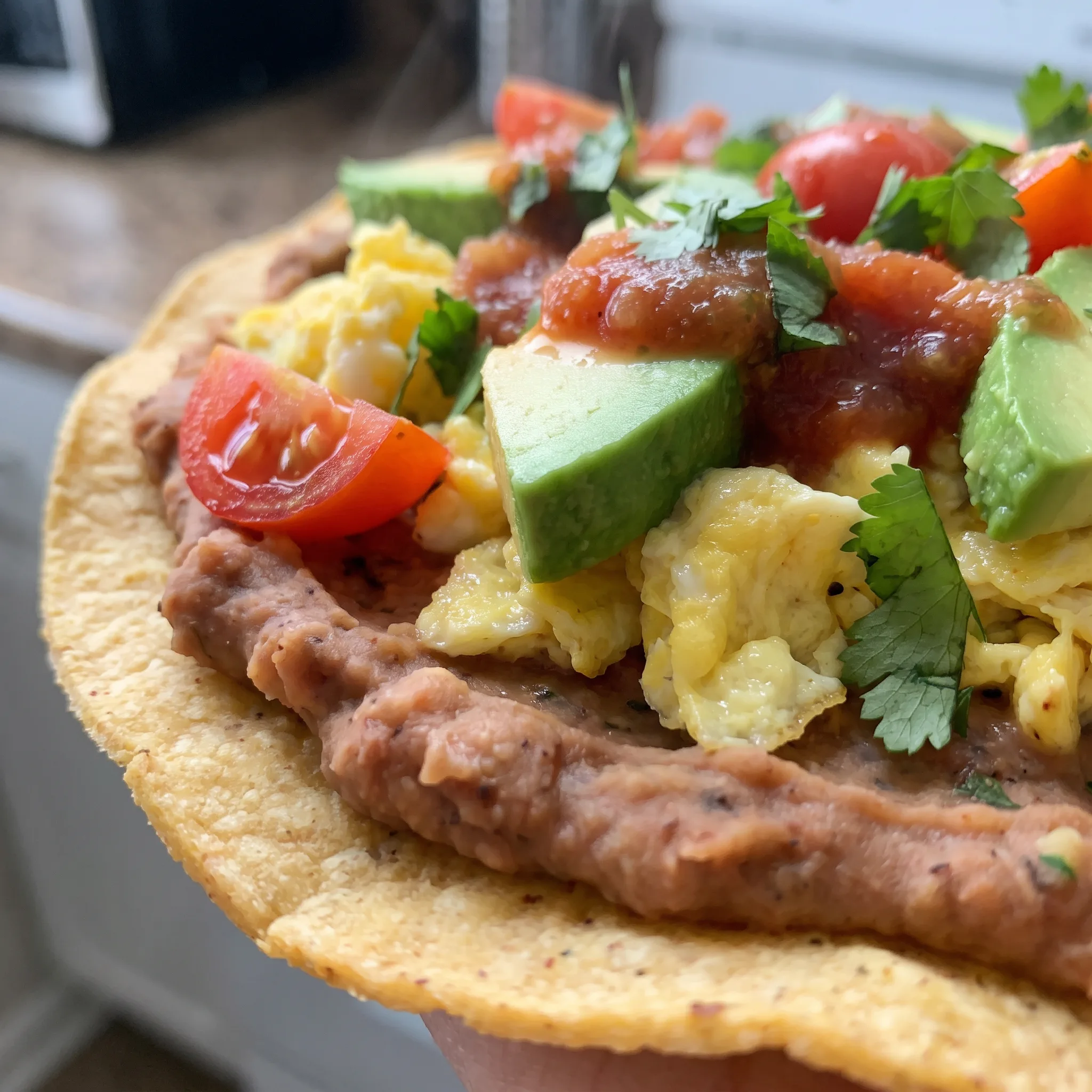 Crisp corn tortillas topped with creamy refried beans, fluffy scrambled eggs, smooth avocado, juicy tomato halves, and green cilantro.