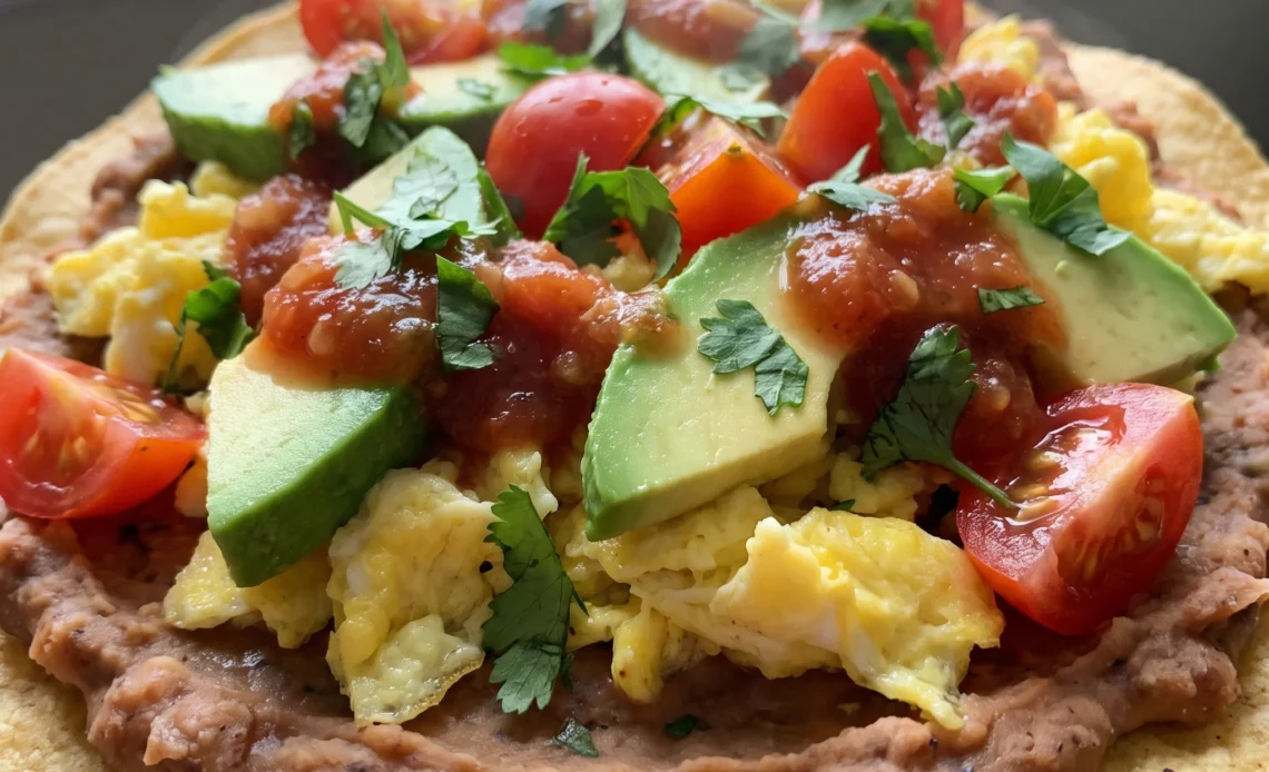 Breakfast tostadas with refried beans, scrambled eggs, avocado slices, cherry tomatoes, salsa, cilantro, and lime wedges on corn tortillas.
