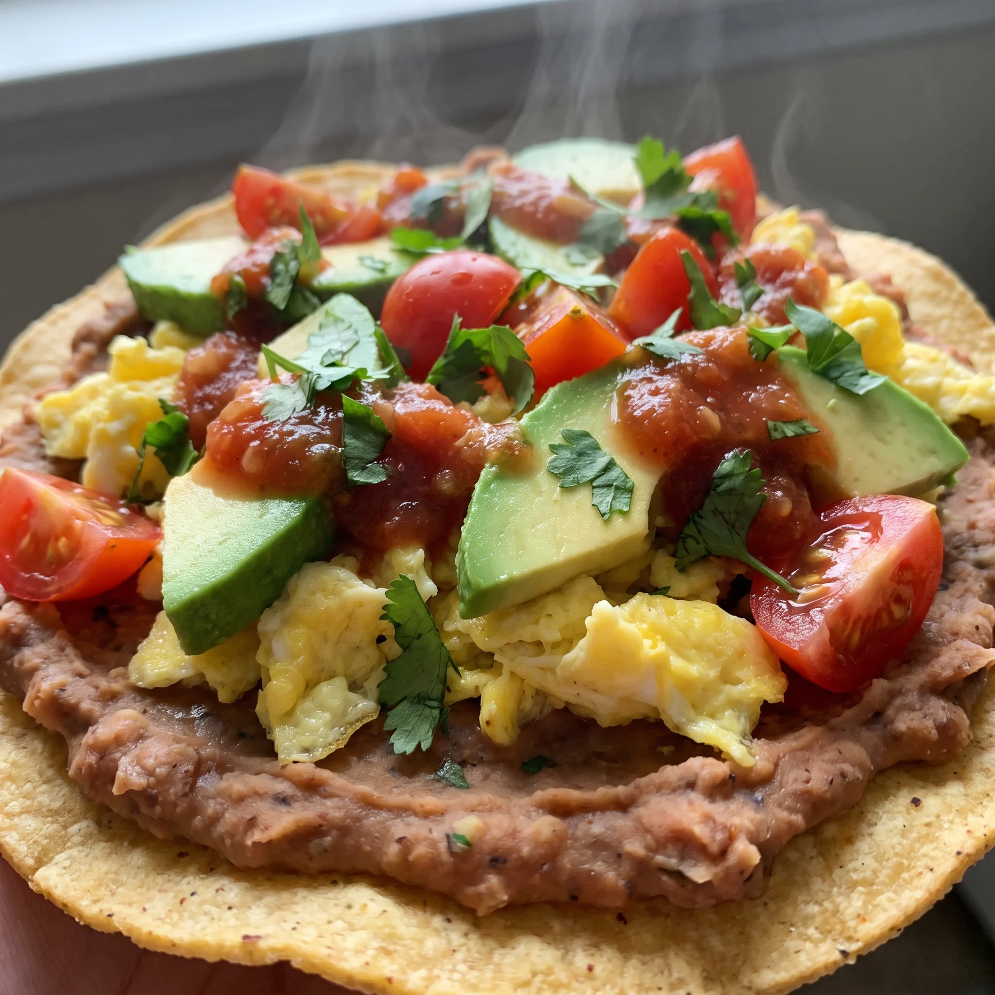 Breakfast tostadas with refried beans, scrambled eggs, avocado slices, cherry tomatoes, salsa, cilantro, and lime wedges on corn tortillas.
