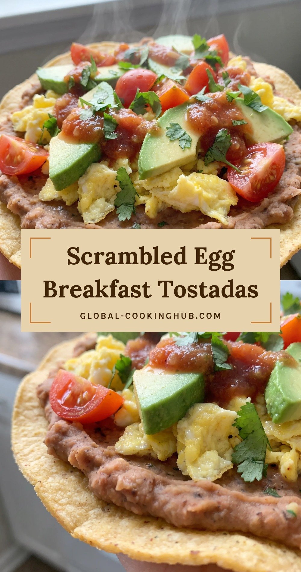Crispy corn tortillas topped with refried beans, scrambled eggs, avocado slices, cherry tomatoes, salsa, cilantro, and lime wedges.
