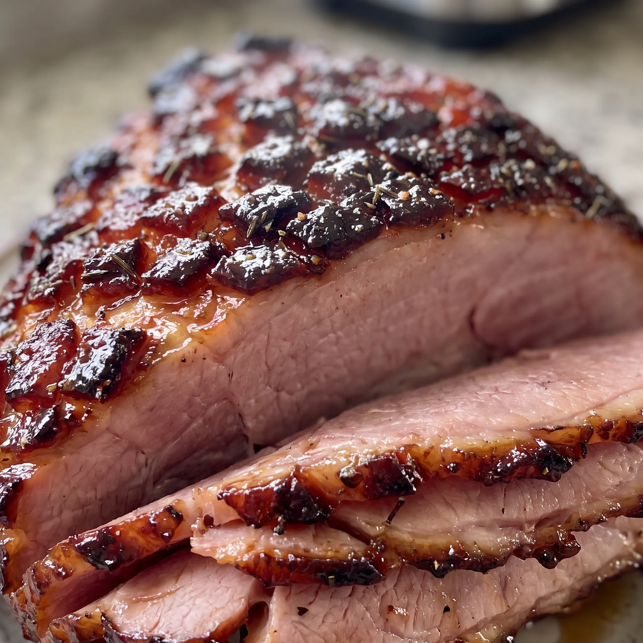 Sticky, caramelized brown sugar glaze over ham, with a moist, tender interior and a hint of mustard.