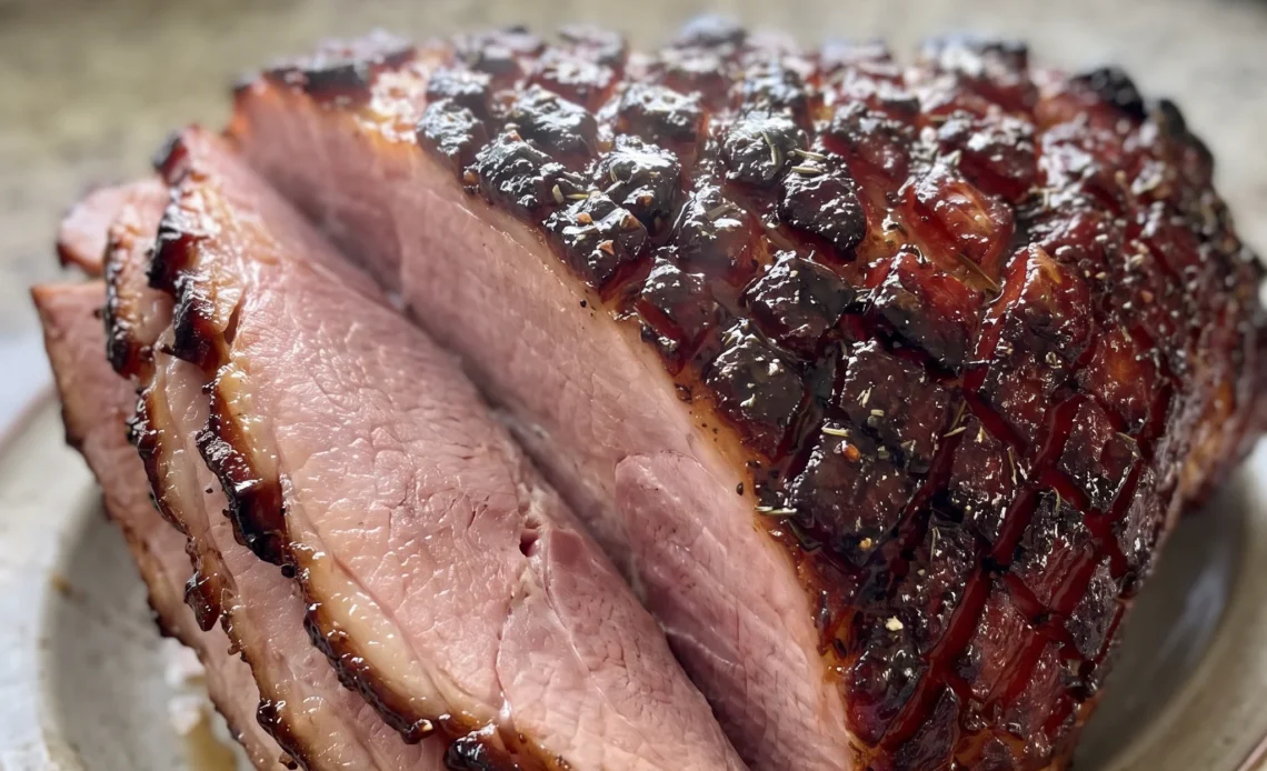 Glazed ham with a glossy brown sugar, honey, and mustard coating, garnished with pineapple juice glaze.