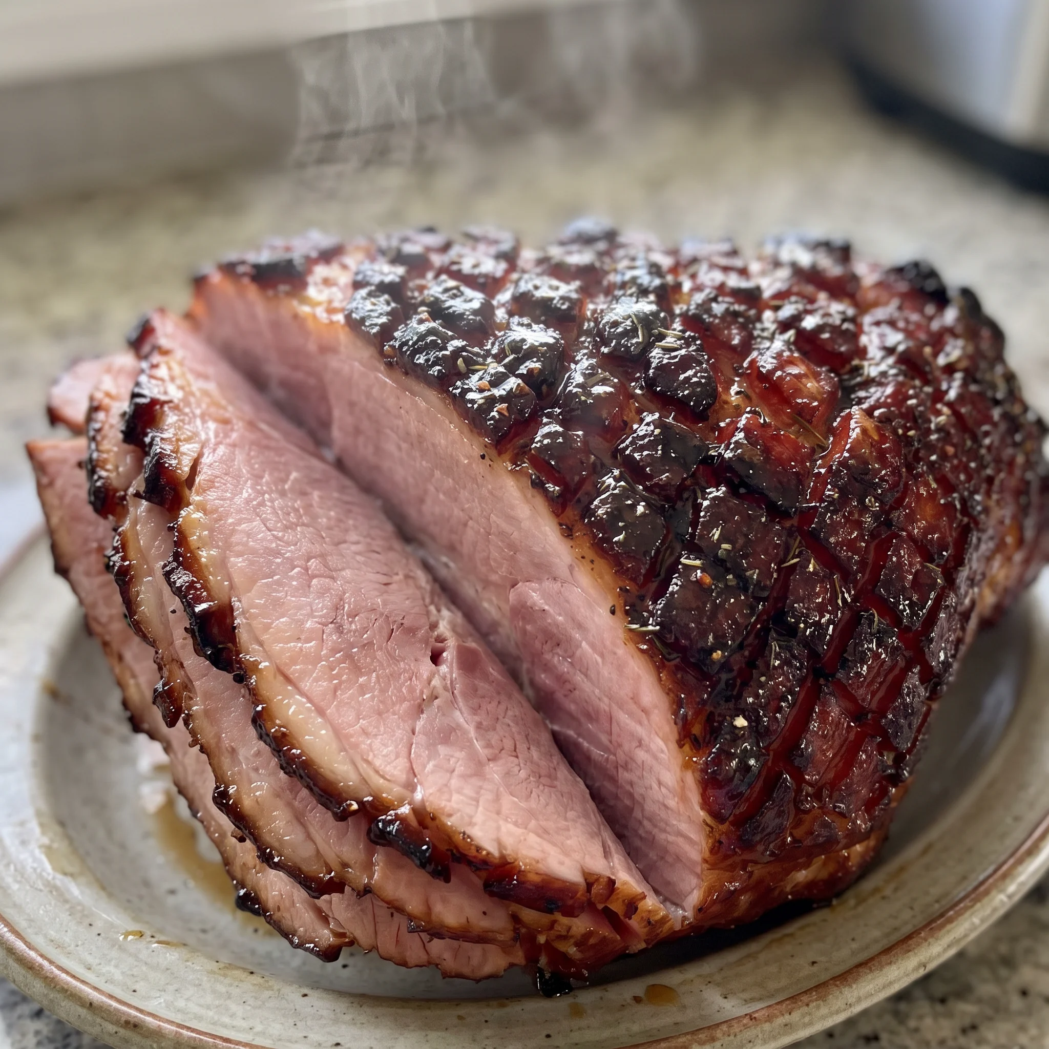 Glazed ham with a glossy brown sugar, honey, and mustard coating, garnished with pineapple juice glaze.