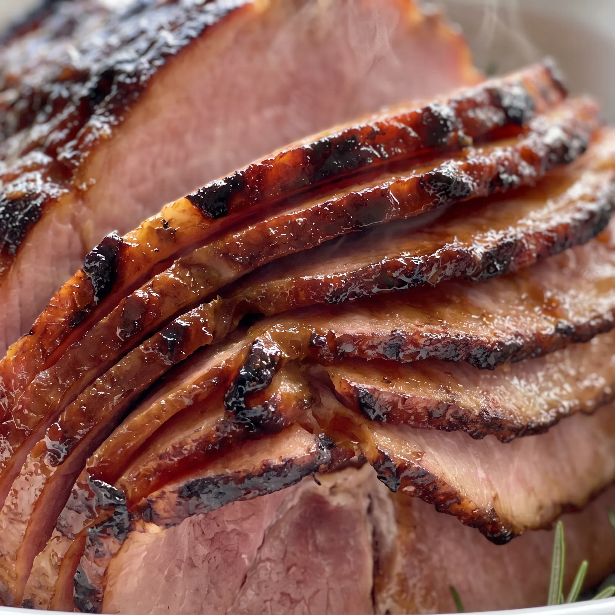 Sticky, amber-brown glaze clinging to the ham, with a shiny, caramelized crust and tender, juicy meat.
