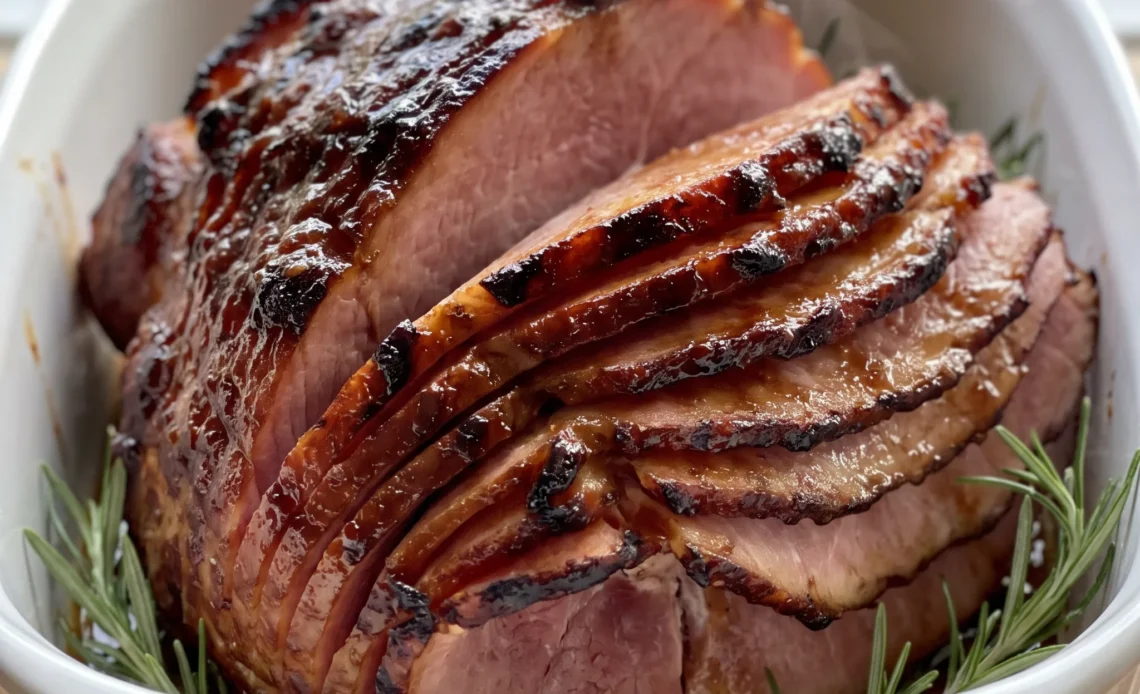 Glazed ham with a glossy brown sugar and honey coating, its surface deeply caramelized and moist.