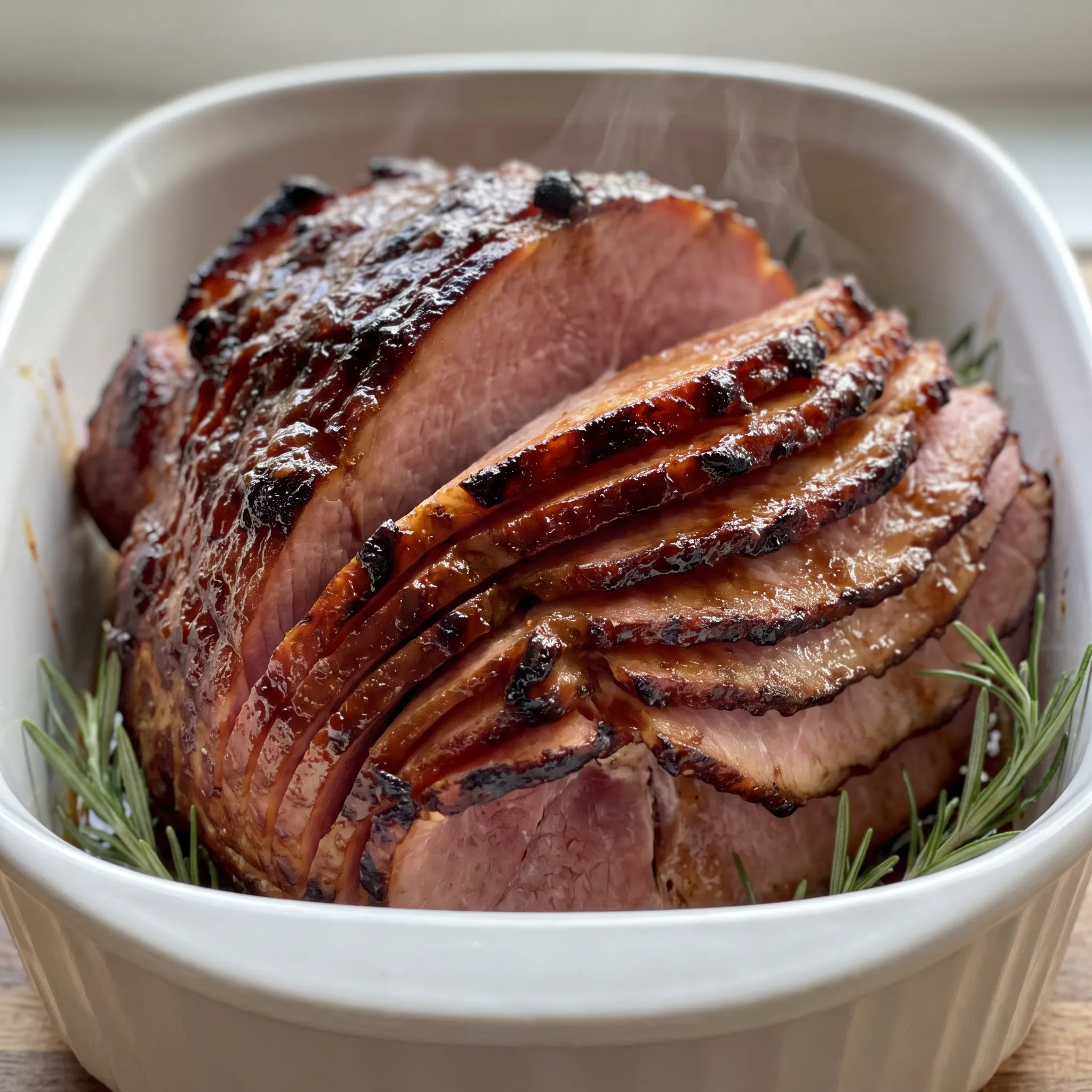 Glazed ham with a glossy brown sugar and honey coating, its surface deeply caramelized and moist.