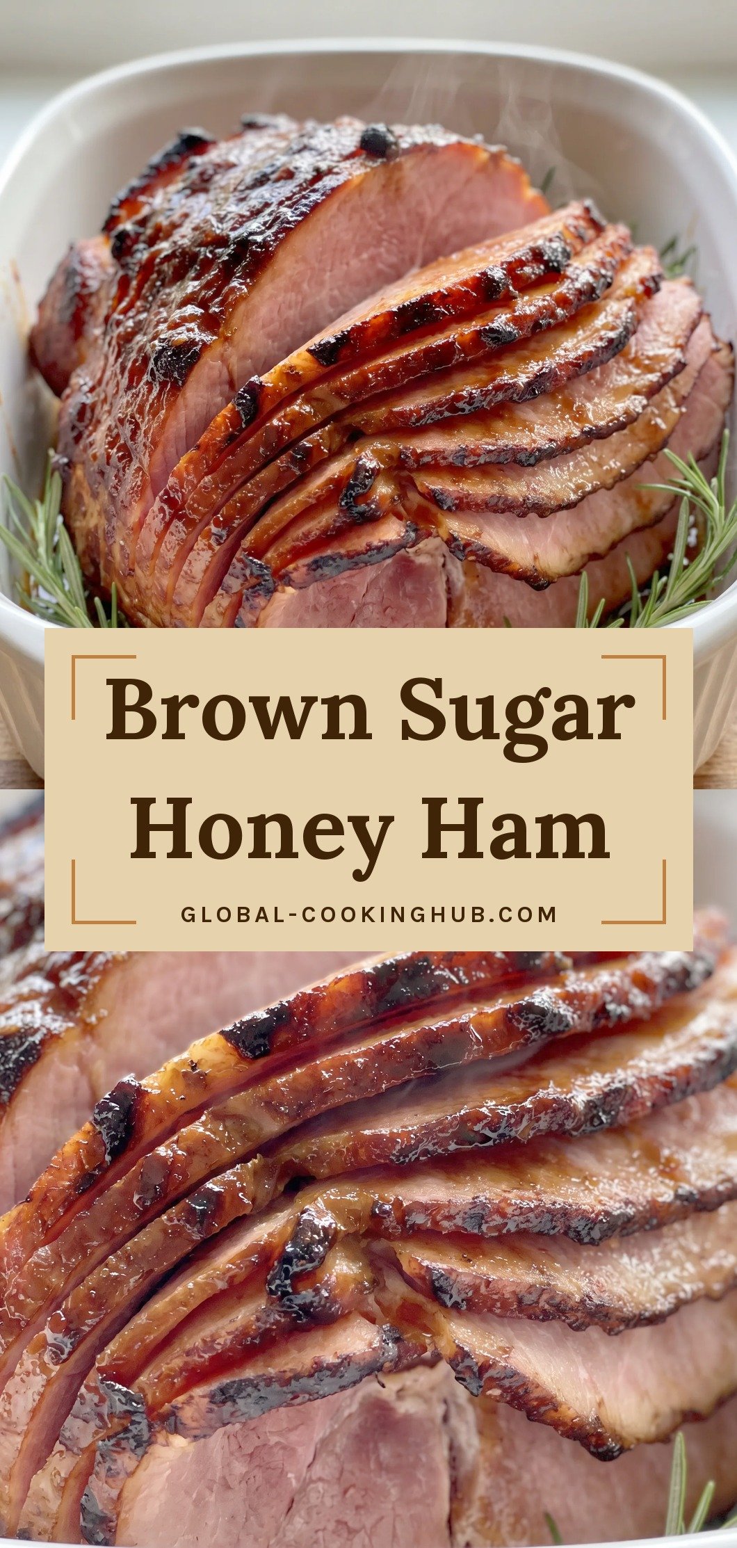 Glazed spiral sliced ham with a glossy brown sugar and honey coating, deep amber and golden brown, glossy and caramelized.