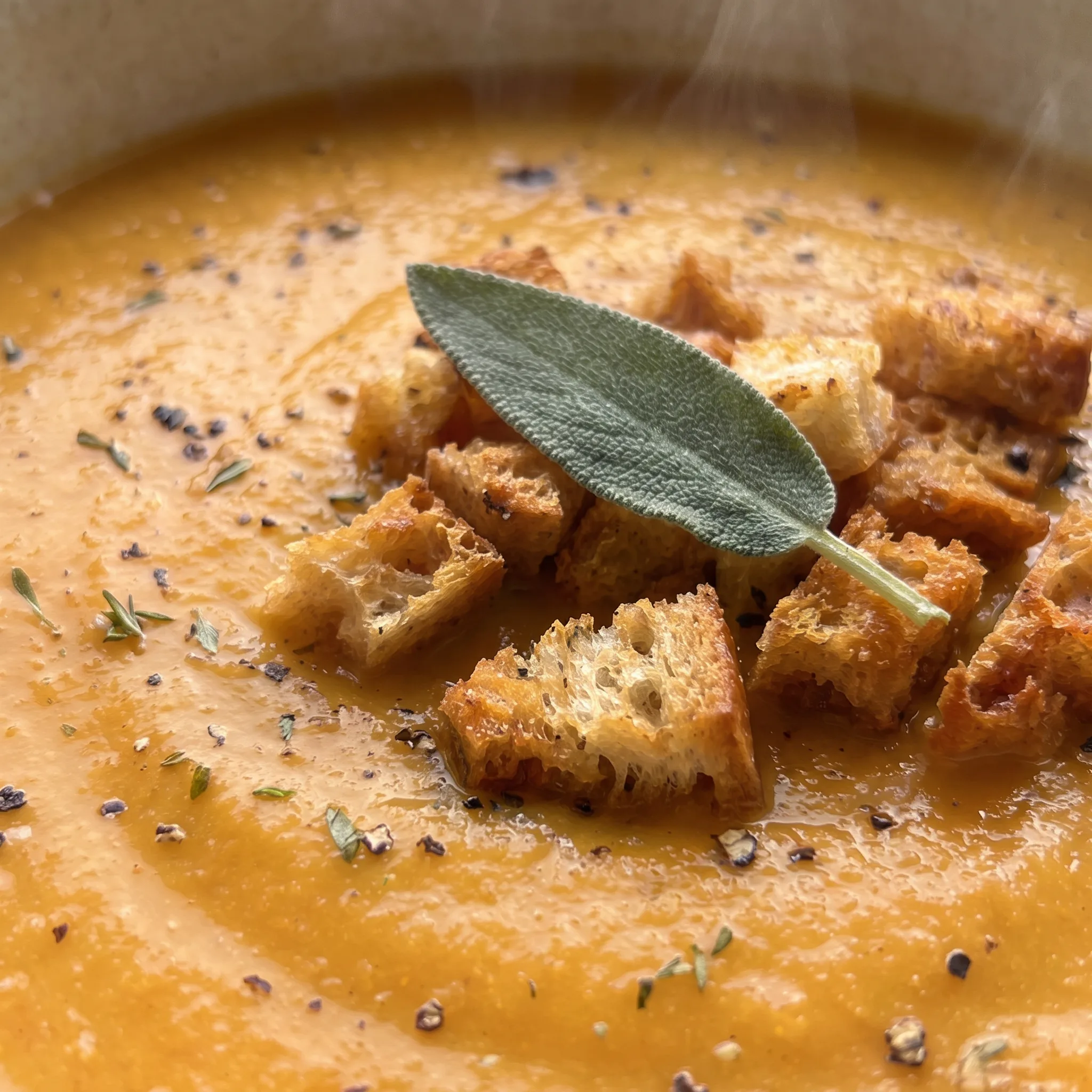 Creamy orange soup with cubed croutons on top and soft chunks of butternut squash and apple.