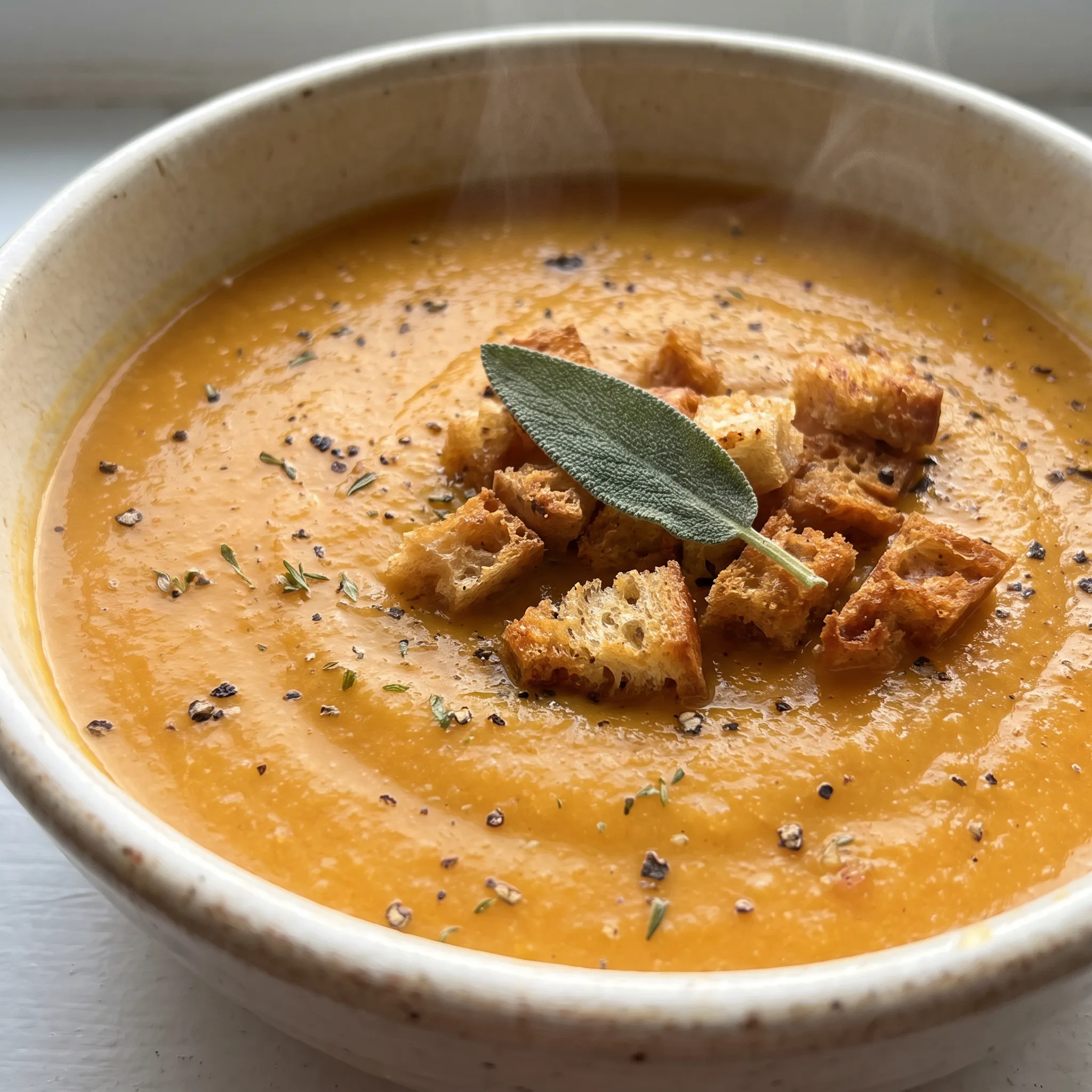 Butternut squash apple soup in orange and gold tones with diced carrot, potato, and apple pieces throughout.