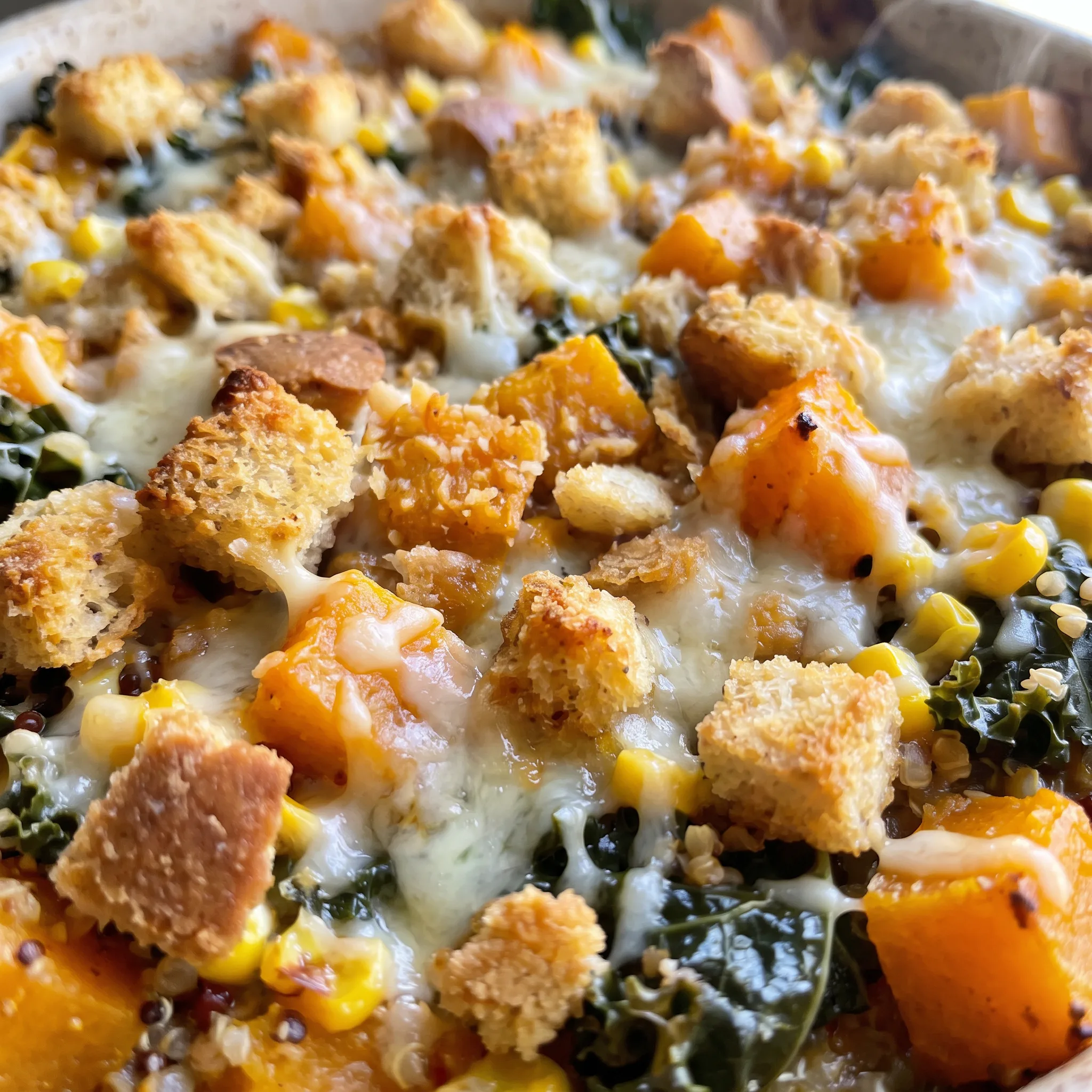 Golden melted Gruyère over tender quinoa, soft squash cubes, and bright green kale leaves.