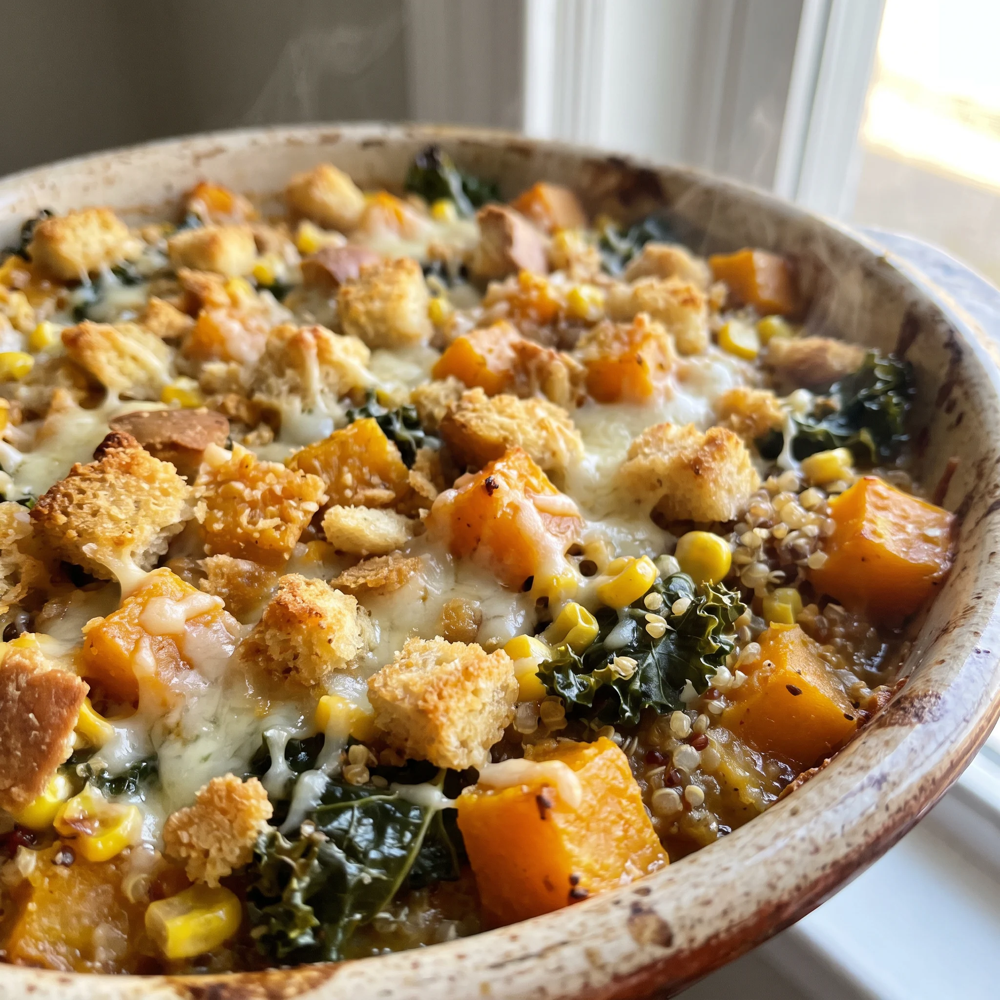 Butternut squash quinoa bake with cubes of squash, curly kale, corn, and melted Gruyère.