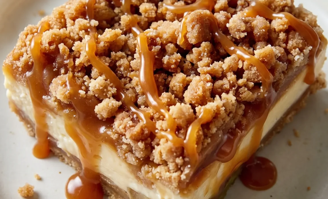 Caramel apple cheesecake bars with a cream cheese layer, apple chunks, caramel drizzle, and streusel topping.