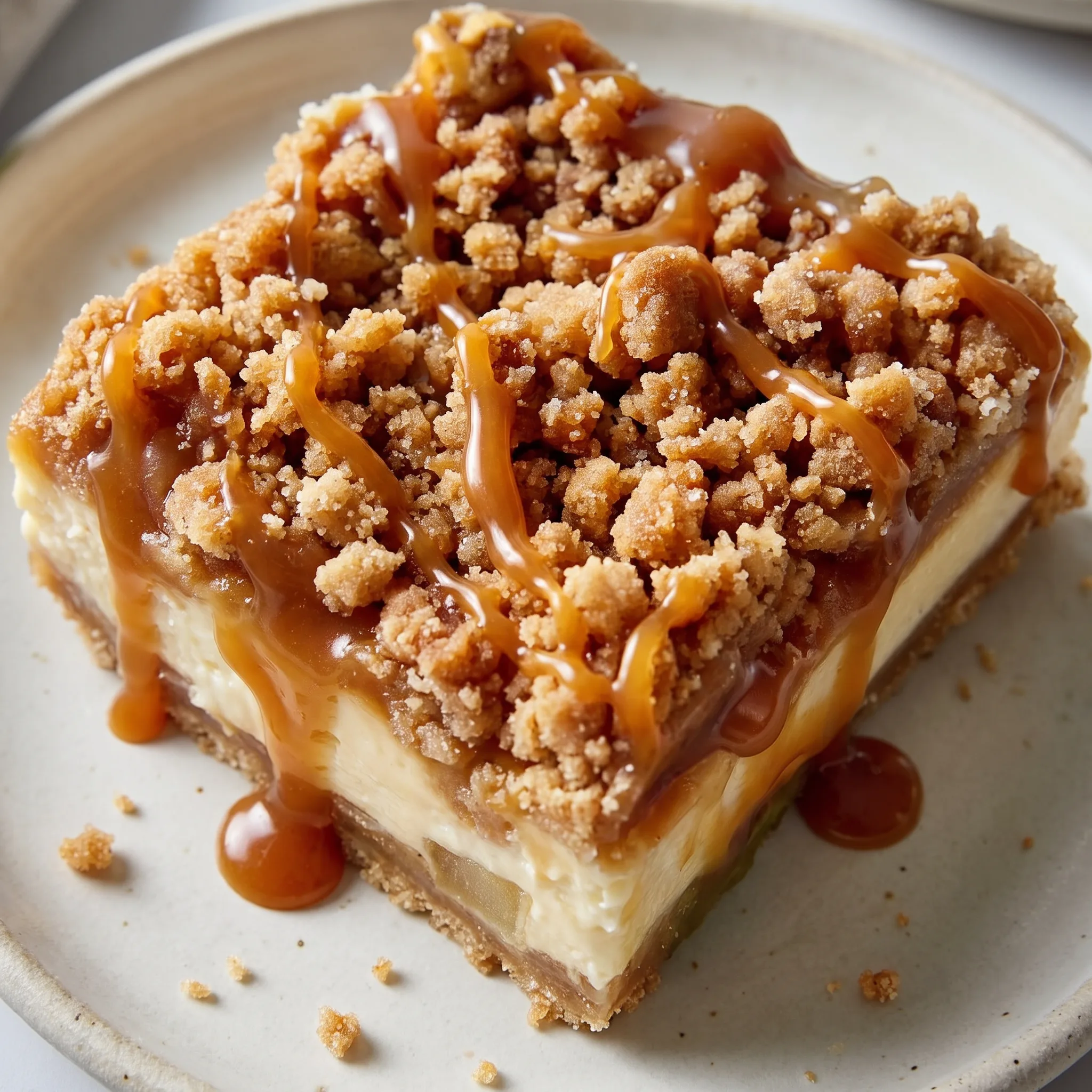 Caramel apple cheesecake bars with a cream cheese layer, apple chunks, caramel drizzle, and streusel topping.