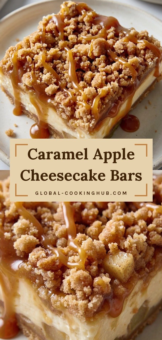 Golden cheesecake bars layered with creamy filling, chopped green apples, crumbly streusel topping, and glossy caramel drizzle.
