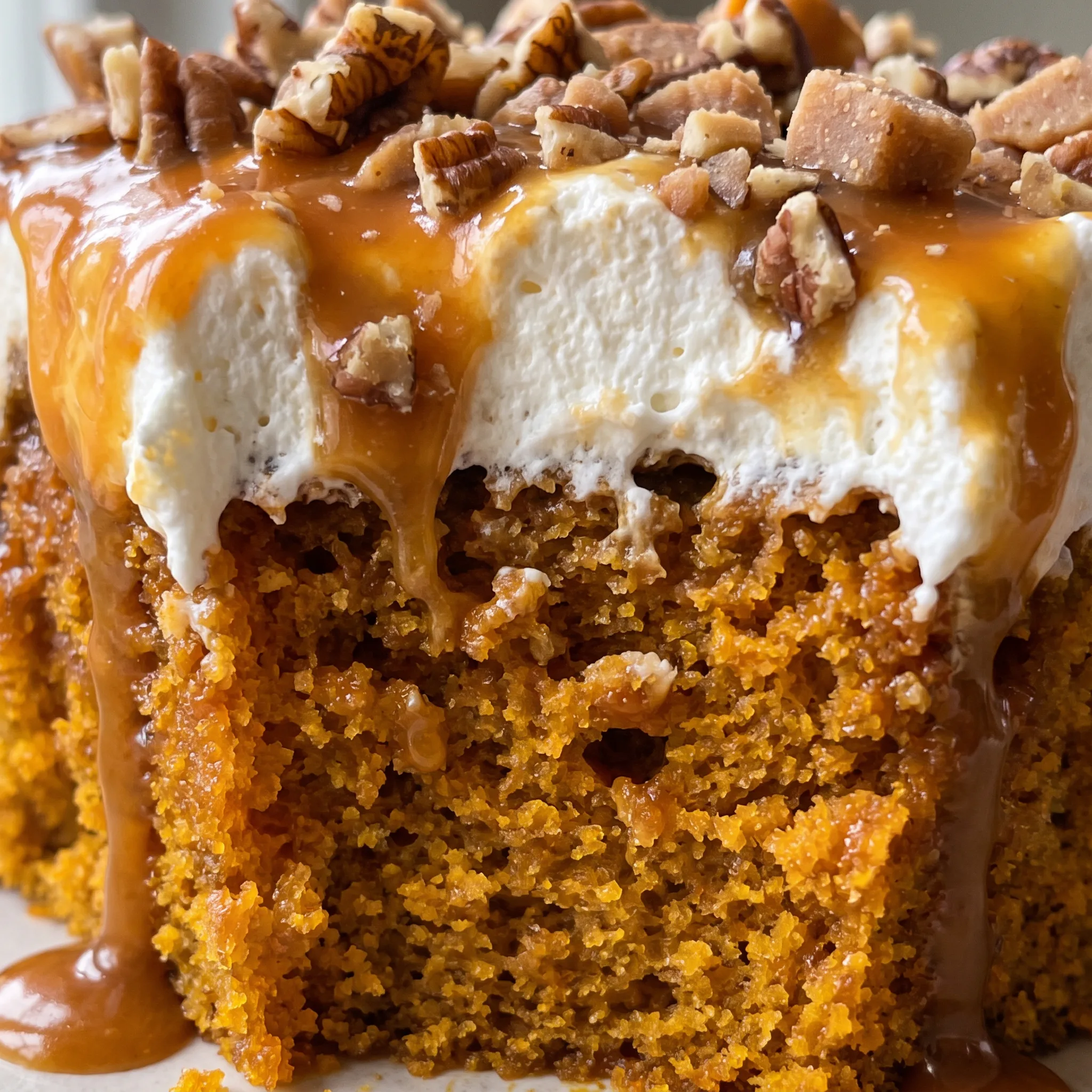 Creamy whipped topping with caramel drizzle, toffee bits, and chopped pecans.