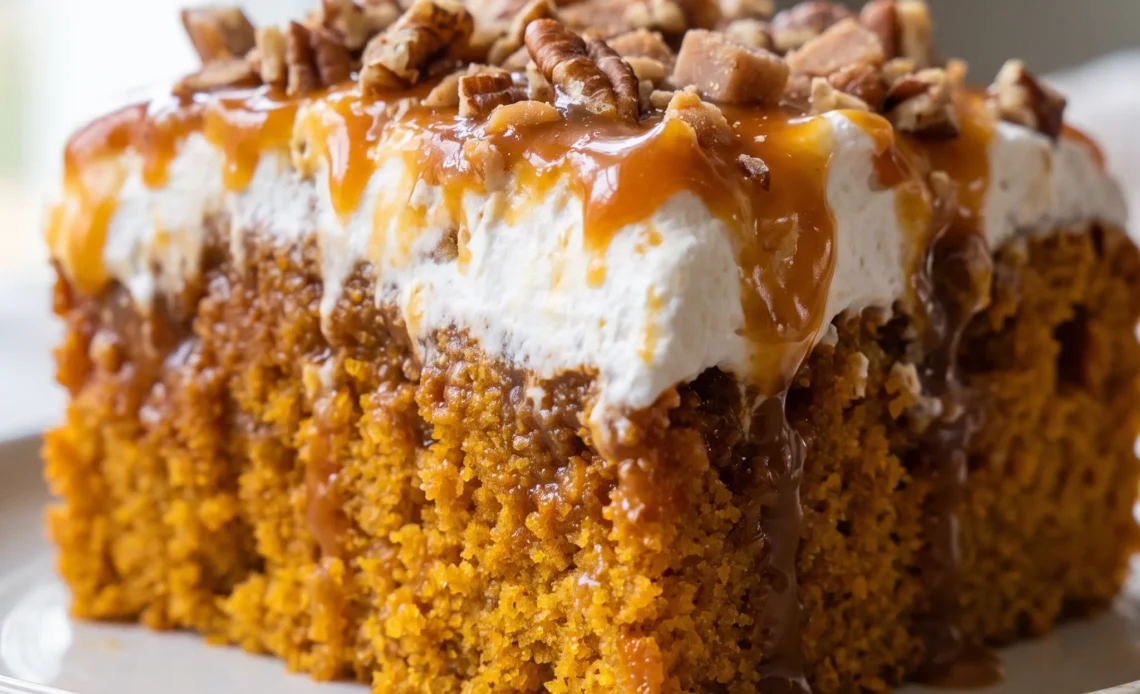 Caramel pumpkin poke cake with whipped topping, toffee bits, and pecans.