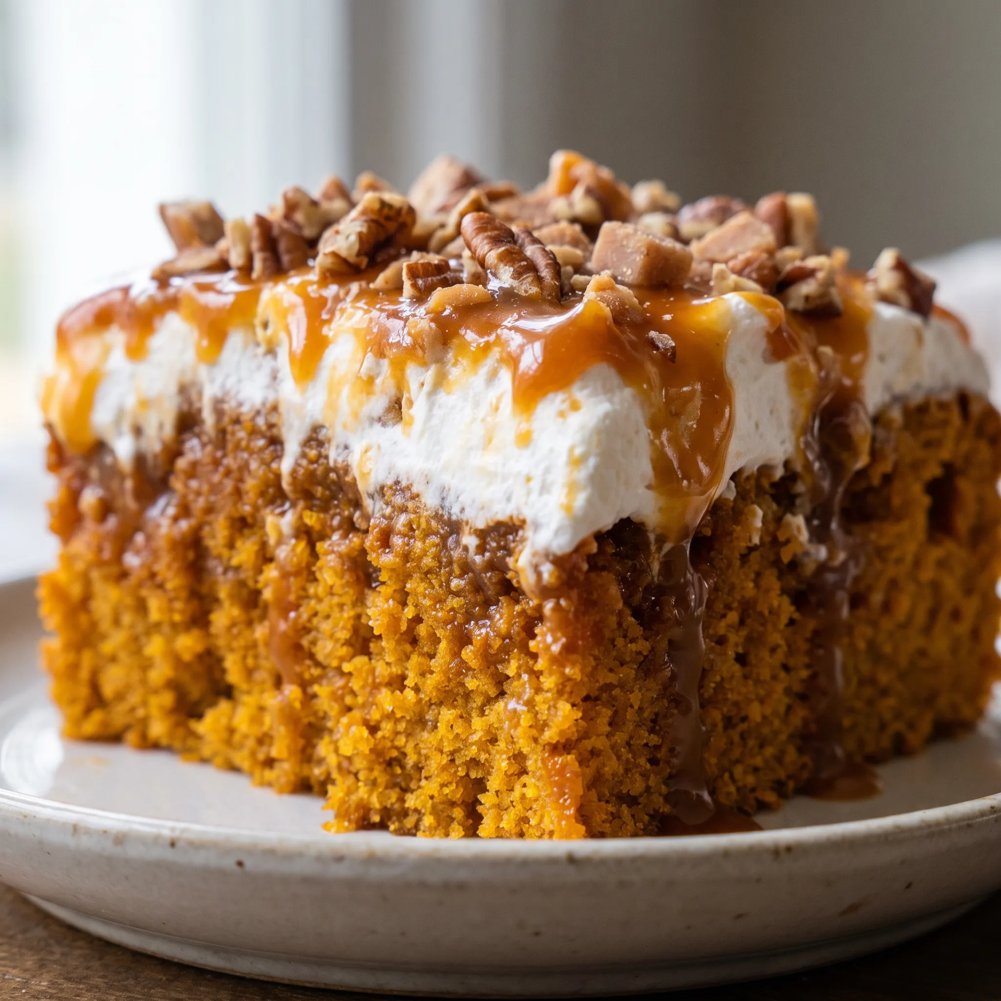 Caramel pumpkin poke cake with whipped topping, toffee bits, and pecans.