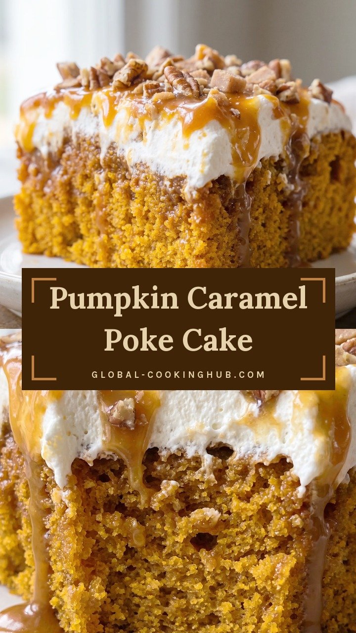 Golden pumpkin cake squares with poked holes filled by caramel soak, topped with white whipped topping, tan toffee bits, and chopped pecans.