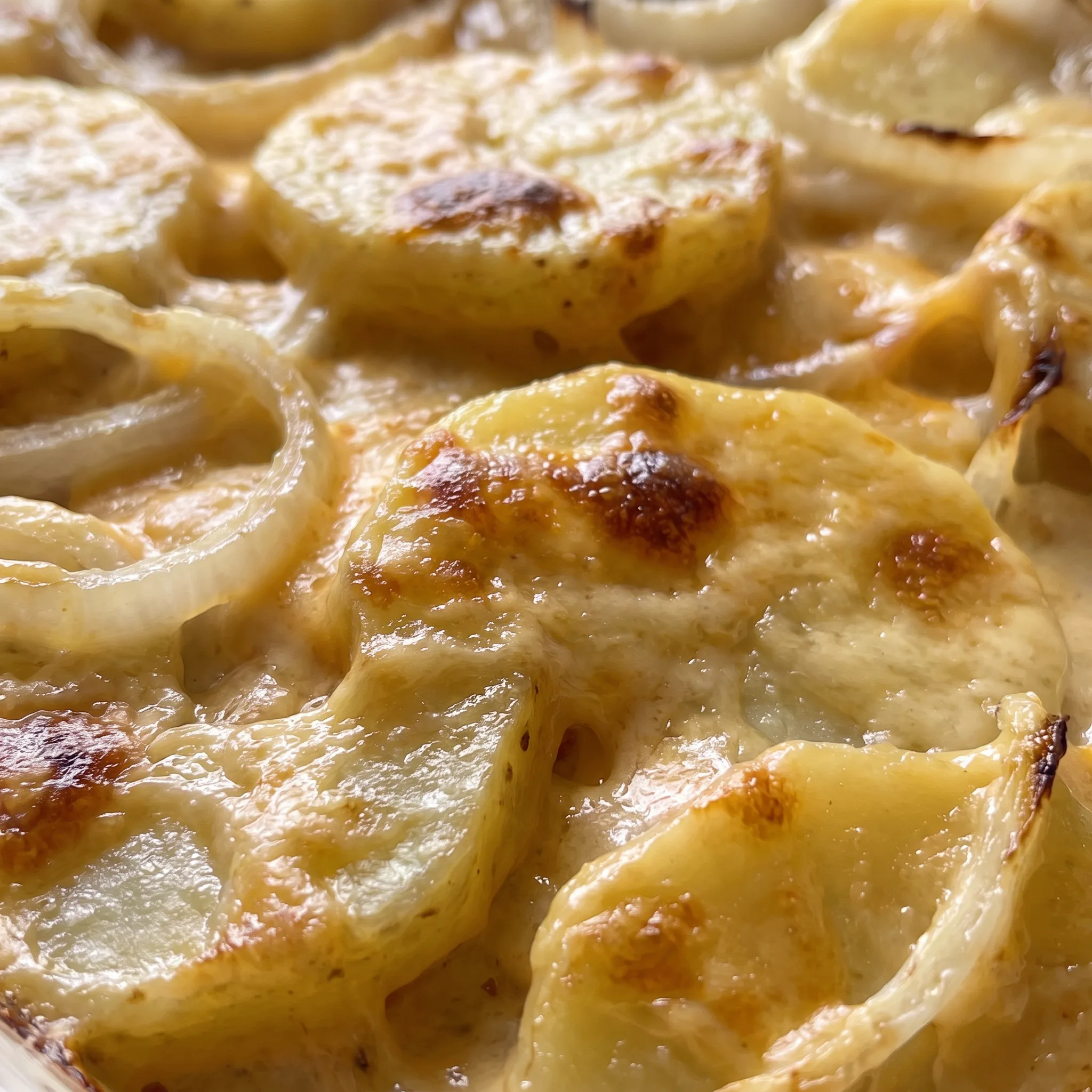 Golden melted cheddar cheese coats tender potato slices, with soft onion pieces and creamy milk sauce visible between the layers.