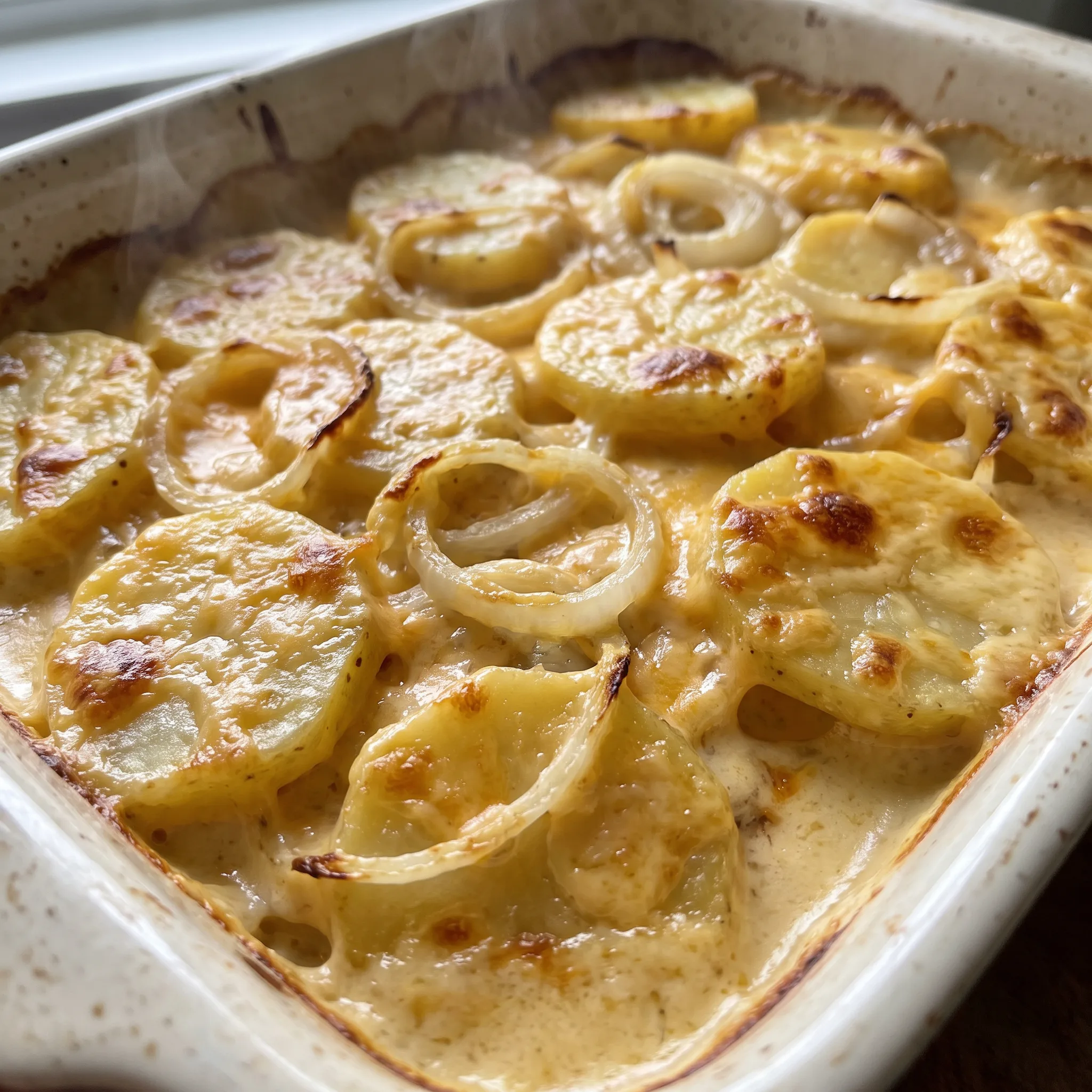 Cheesy scalloped potatoes with layered potato slices, melted cheddar cheese, and bits of onion in a creamy milk sauce.