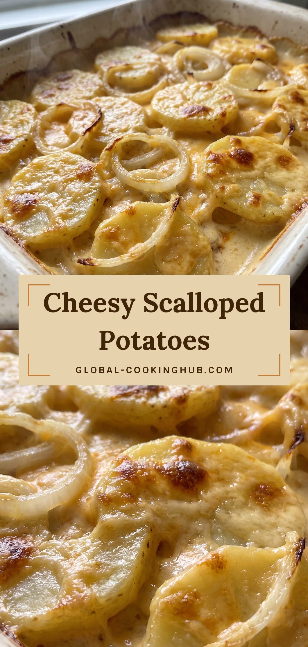 Layered sliced russet potatoes and onion rings in creamy melted cheddar sauce, baked golden brown with a crisp, bubbly top.