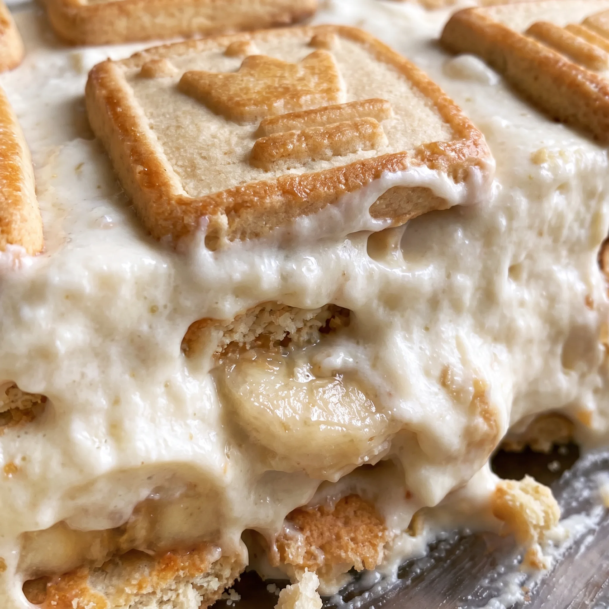 Creamy banana pudding layered with soft Chessman cookies and fresh banana slices, topped with Cool Whip.