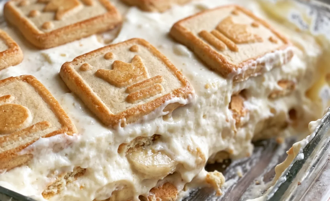 Chessman banana pudding with layered cookies, sliced bananas, and whipped topping in a glass dish.