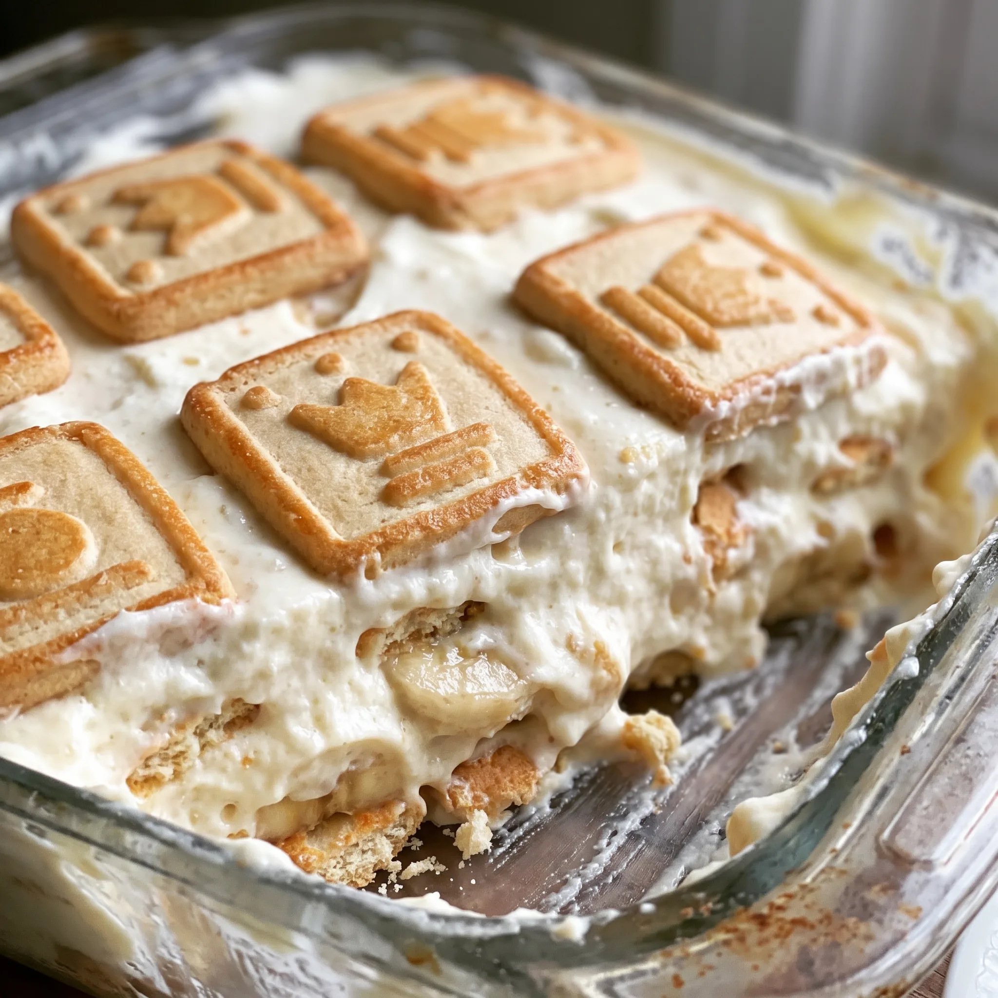 Chessman banana pudding with layered cookies, sliced bananas, and whipped topping in a glass dish.