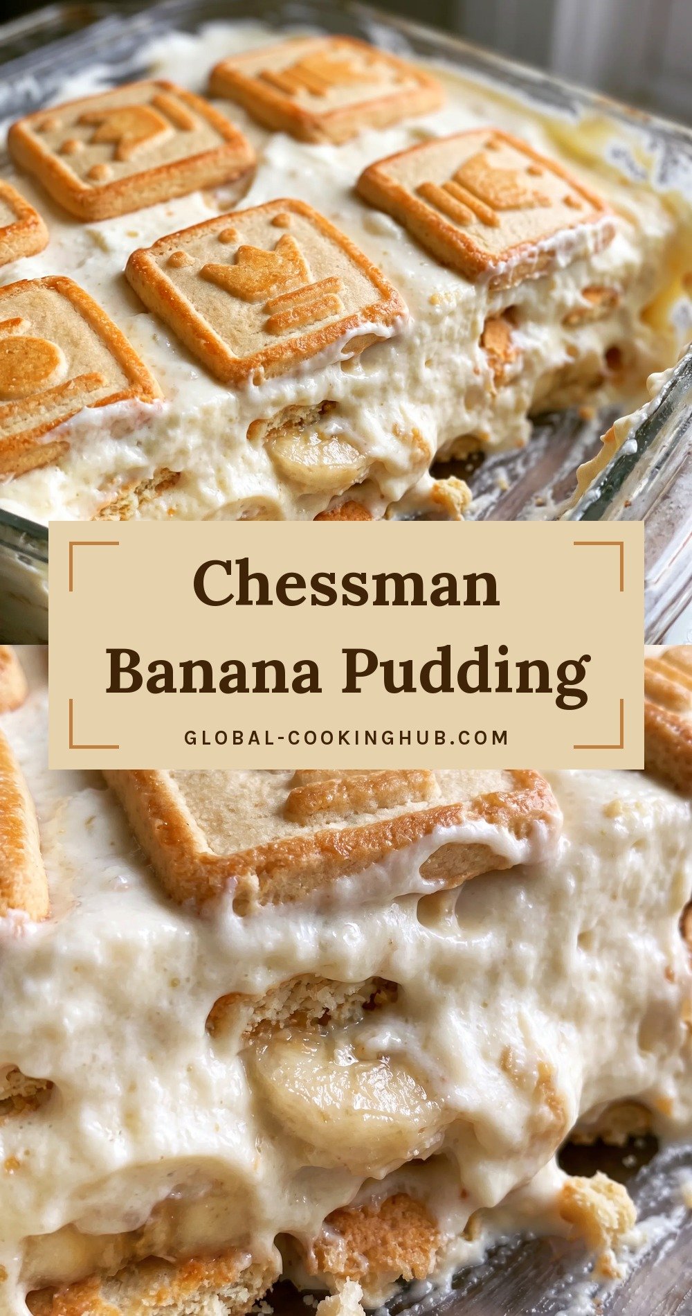 Layers of Chessman cookies, sliced bananas, creamy banana pudding, and Cool Whip in a golden, fluffy dessert.